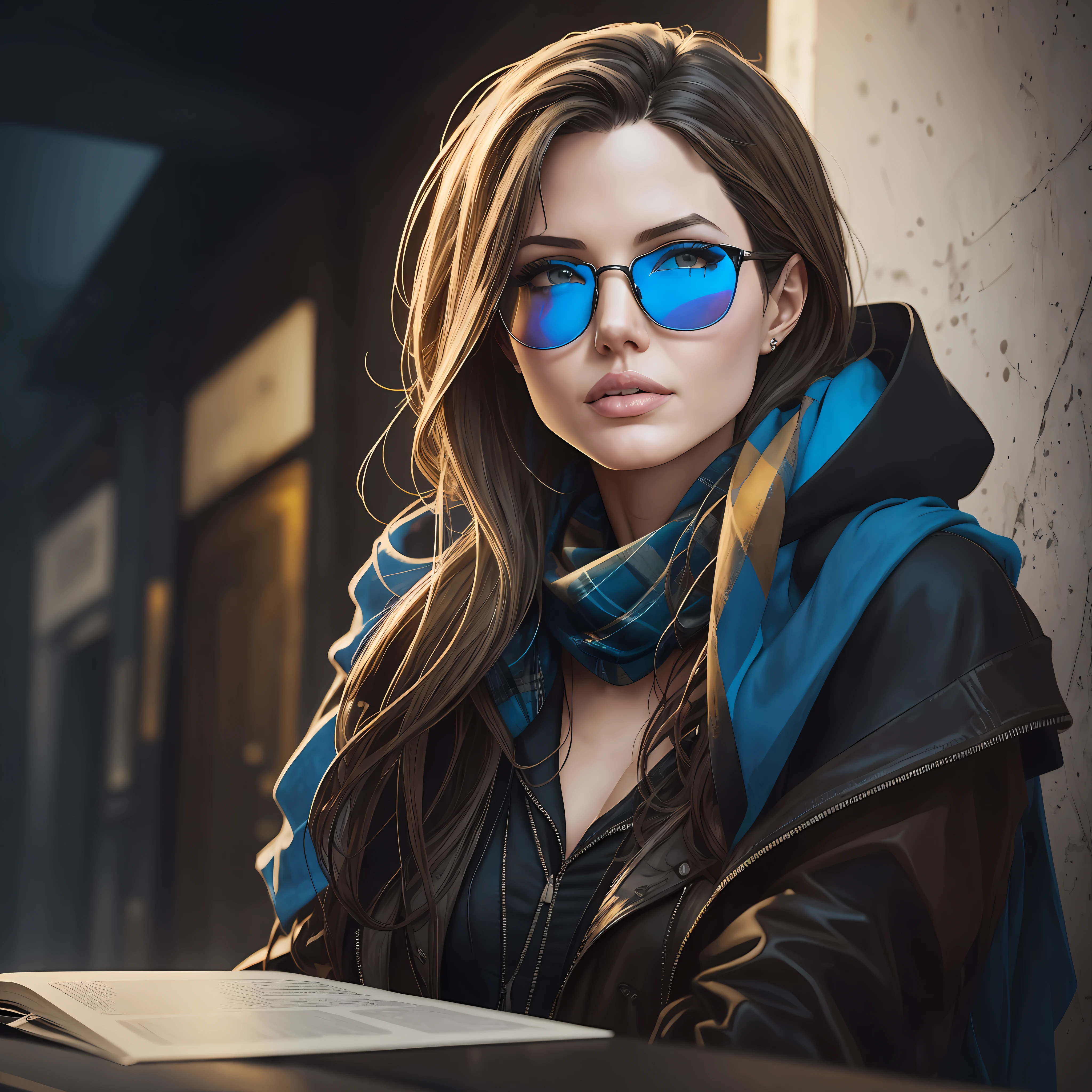 Angelina Jolie Dark photo: With her body covered, sitting at a table, realistic epic, halo portrait, sunglasses, eyeglasses, blue eyes, plaid scarf, white hair by Atey Ghailan, by Greg Rutkowski, by Greg Tocchini, by James Gilleard, by Joe Fenton, by Kaethe Butcher, yellow gradient, black, brown and magenta color scheme, grunge aesthetic!!! Graffiti brand wall background, art by Greg Rutkowski and Artgerm, soft cinematic light, Adobe Lightroom, Photo Lab, HDR, intricate, highly detailed, (depth of field: 1.4), faded, (neutral colors: 1.2), (HDR: 1.4), (soft colors:1.2), hyperdetailed, (Artstation:1.4), cinematic, warm lights, dramatic light, (intricate details:1.1), complex background, (Rutkowski:0.66), (blue and orange:0.4) --auto --s2