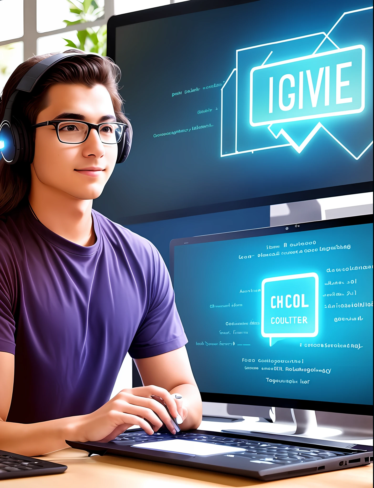 creative coder with a computer, high quality image, holding glowing laptop computer, it specialist, product introduction photo, professional image, high quality picture, cool marketing photo, marketing photo, integrating with technology, in front of a computer, professional picture, advanced technology, commercial photo