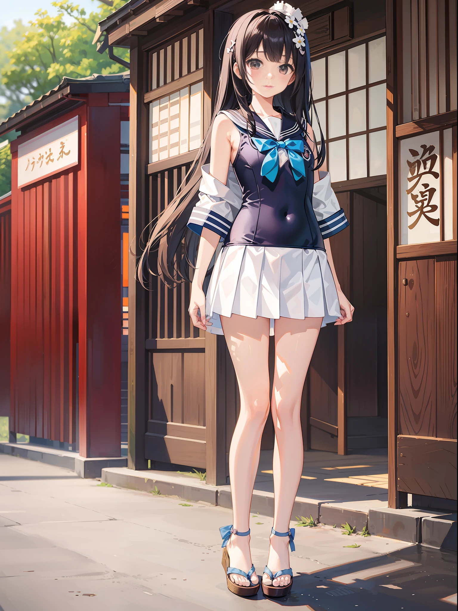 {Japan Slender Pretty Girl}, High Resolution, Best Quality, Super Detail, {Full Body}, Sailor School Swimsuit, Wedges, Fine Details, No Blush, Bite