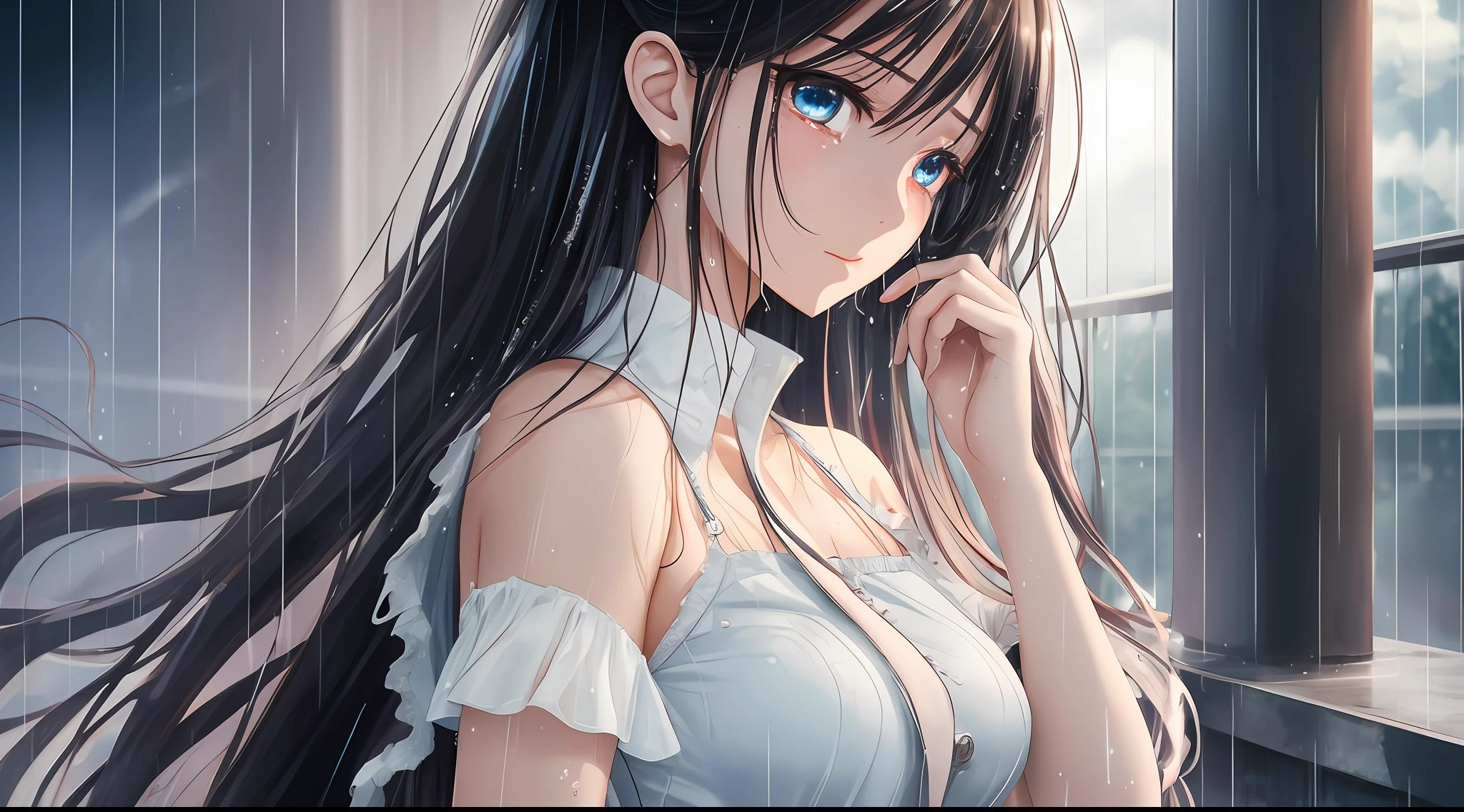 Girl Long Hair, Anime Style 4 K, Beautiful and Attractive Anime Woman, Dreamy, Smooth Color, Manga, Shoujo, Technology, Shuxian, Dreamy, Excellent, Masterpiece, High Resolution, (Exquisite Figure: 1.5), Absolute Beauty, (Milky Skin: 1.3), Delicate Details, Black Stockings, Beauty, White Shirt, Torn Jeans, White Sneakers, Dim, Dark, Despair, Mercy, Pity, Movie, Tears, Teardrops, (Torn Clothes: 1.5), (Wet Clothes: 1.4), Bare Shoulders, Real Rain, Wet Hair,.. --auto --s2