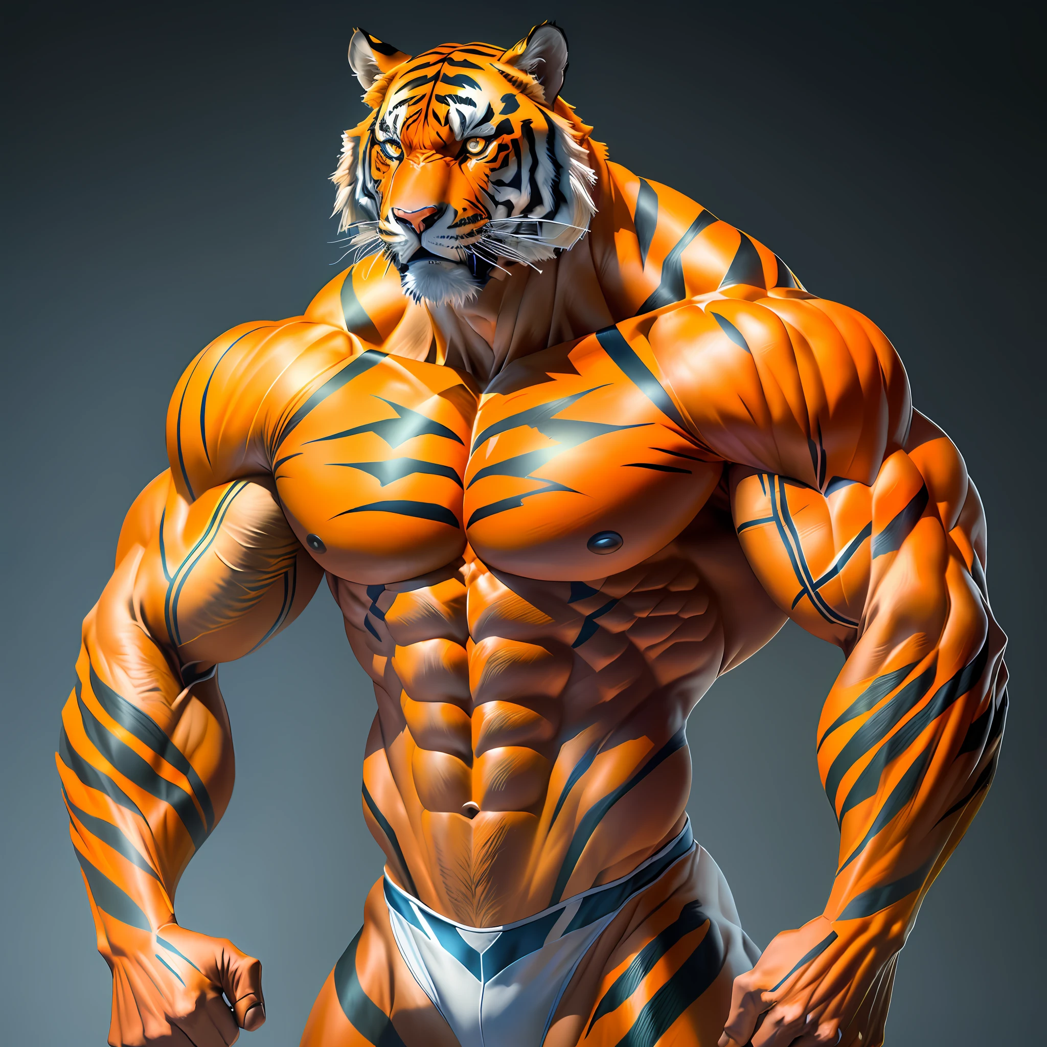 arafed tiger with a body painted like a man, tiger_beast, muscular character, exaggerated muscle physique, extreme muscles, muscular characters, anthropomorphic tiger, muscled, exaggerated physique, bodybuilder body, muscular and terrifying, bulging muscles, very beautiful. big muscles, chiseled muscles, exaggerated muscles, huge glistening muscles