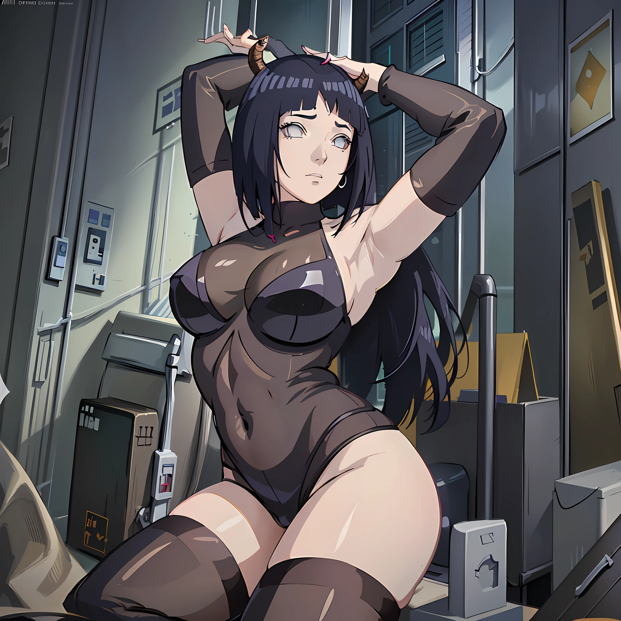 girl, wide hips, sexy, beautiful, redhead, gorgeous, voluptuous, (thigh high socks), beautiful face, curvy, (((arms up))), (((hands on her head))), (disheveled) hairs, (lot of hair), (demon horns), demon girl, [bodysuit | black red dress:0.9], net, fishnet, straps, jewelry, ornements, perfect skin, cyberpunk, stunning,  elegant, particules, best piece, masterpiece, smooth light, detailed, intricate, 50mm, realistic, digital art, photography, digital art, 4k, art, wlop, artgerm, sophie anderson,