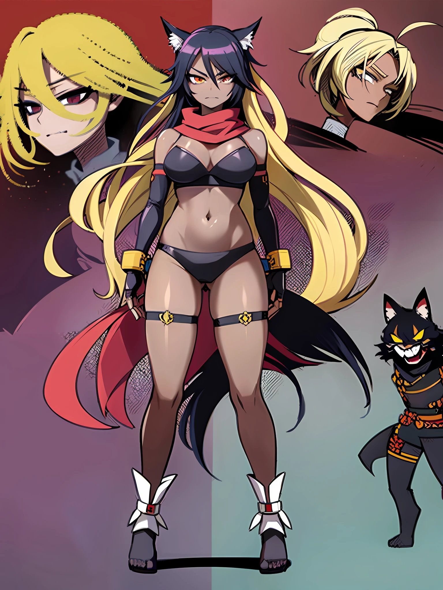 Bleach Yoruichi Shihoin as a Kunoichi, Detailed Arms, Elongated Arms, Cat Ears, Tail, Tall Woman, Detailed Hands, Detailed Feet, High Quality Colorful Sketch, Red Background, Ultra Detailed, 8K Resolution, No Shoes, Standing, Red Scarf, Ninja Accessories, Deep Shadows, Sharp Focus, Yandere, Dynamic Angle, Sadistic Expression, Empty Eyes