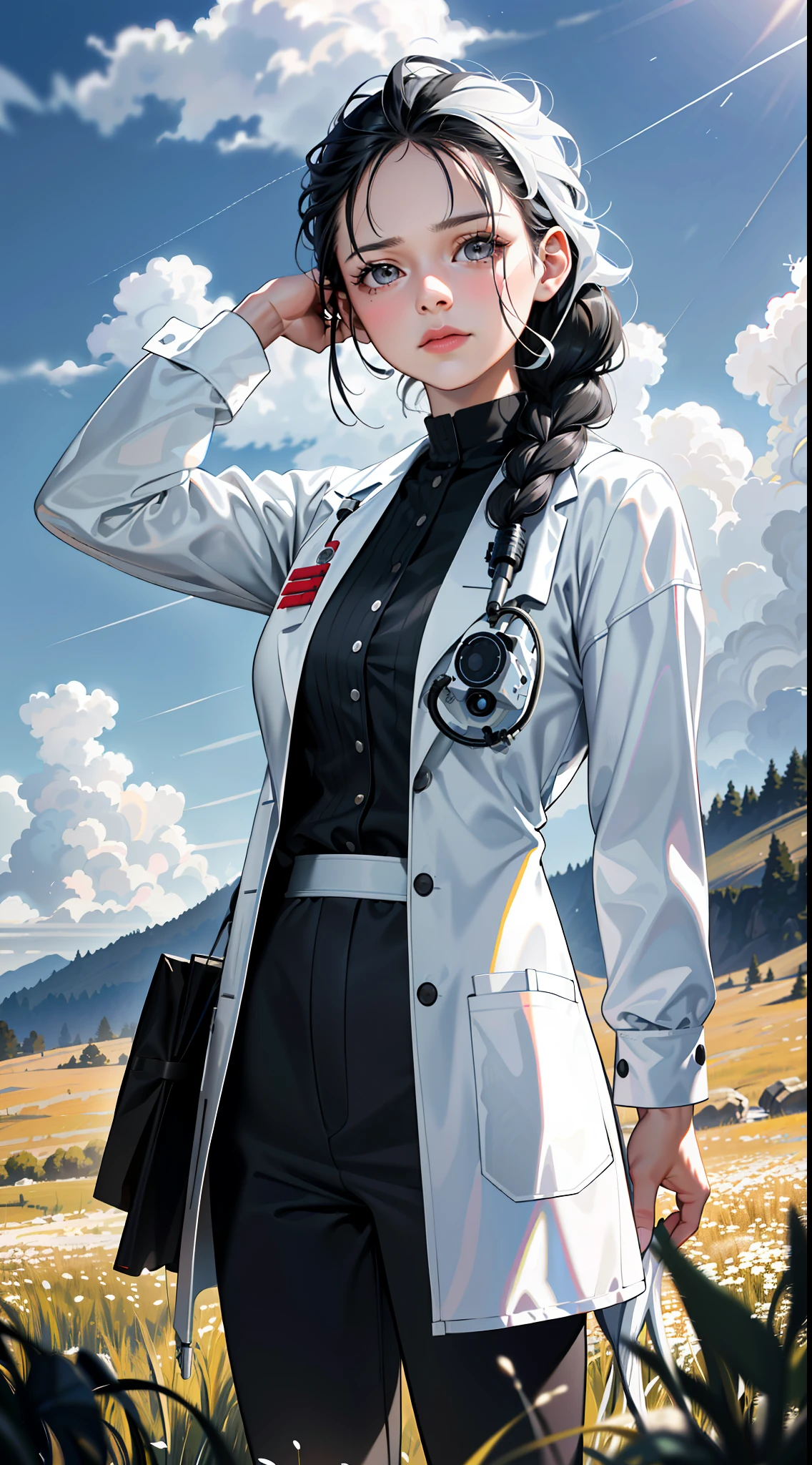 Movie Poster,Single,(Most realistic:1.5),Maximum Resolution,Face Resolution,(((One-sided braid hairstyle: 1.5)),Science fiction,Sci-fi,Based on film Foundation,View from the front,Angry,(39-year-old middle-aged woman : 1.5), dark black hair, light gray eyes,(squint:1.3),(Reference set of white scientists:1.6),Filed in the middle of an open meadow with a breeze blowing,Highest quality images