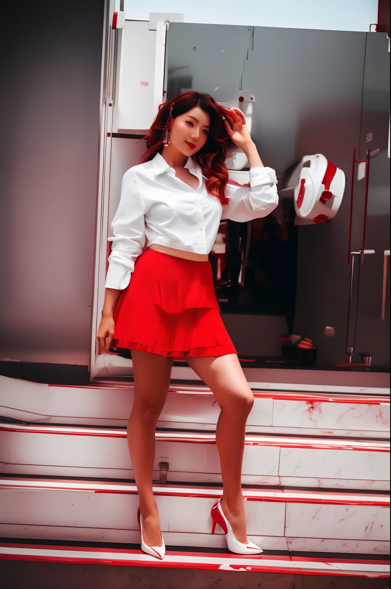 a close up of a woman in a red skirt and white shirt, beautiful short skirt, with a red skirt, short skirt, stylish pose, wearing white skirt, wearing skirt, miniskirt, sexy look, candid picture, with lovely look, full body;, wearing crop top and miniskirt, red and white, with a cool pose, nice legs