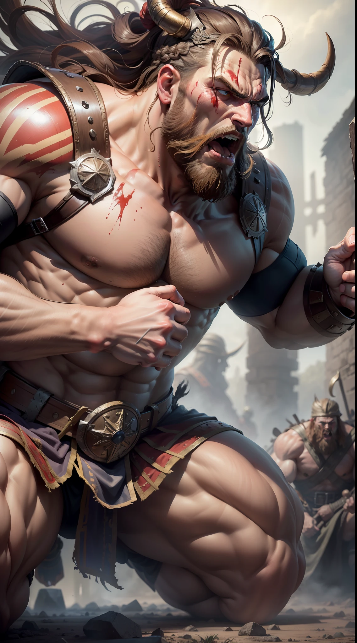 (masterpiece), best quality, an ultra-detailed, high-resolution, full-body portrait of a giant, muscular warrior Viking, characterized by immense strength, kneeling, screaming and bloodied, in the background several bodies resulting from a bloody battle.