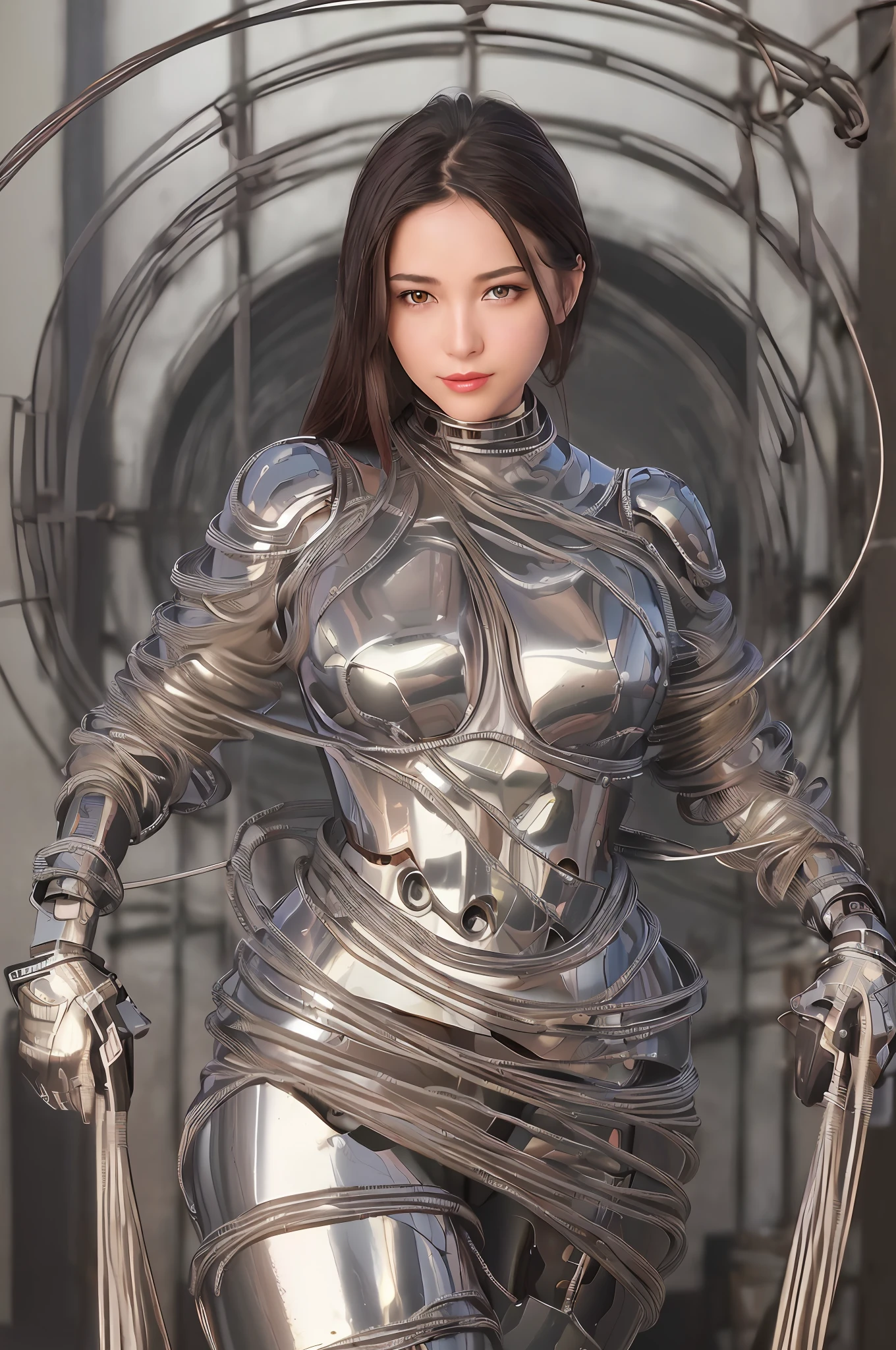 best quality, masterpiece, (realistic:1.2), 1 girl, Front, detailed face, realistic eyes, Small breasts, smile, full-body, ((sexy cyborg)), (specular Metal body), High reflectivity, (((100 metal pipes wrapped around the body))), (((Wrap a 5 cm thick electric wire around the whole body as if it were 5 cm.)))