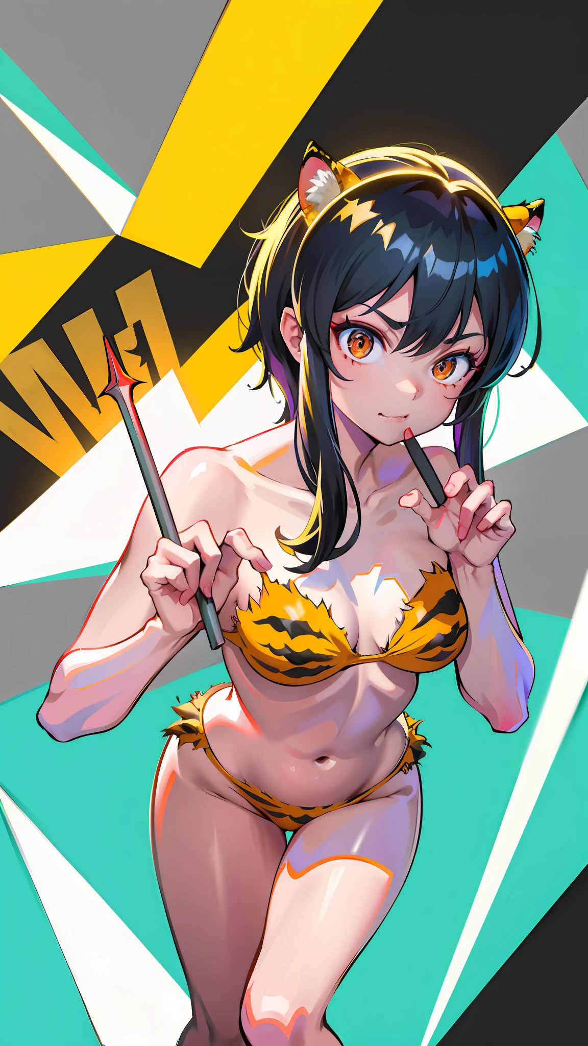 1 beautiful girl, tiger print bikini, tiger ears, tiger tail, tiger hand, tiger paw, tiger fingers, sharp claws, sharp fangs, hunter's eyes aiming at prey, black hair and blonde mesh, sharp eyes, height 177cm, three sizes B95W60H90, knees and hands on the ground aiming at prey in a fours position, master-piece, hyper quality, hyper detailed, perfect drawing,CG,3D,8k,illustration