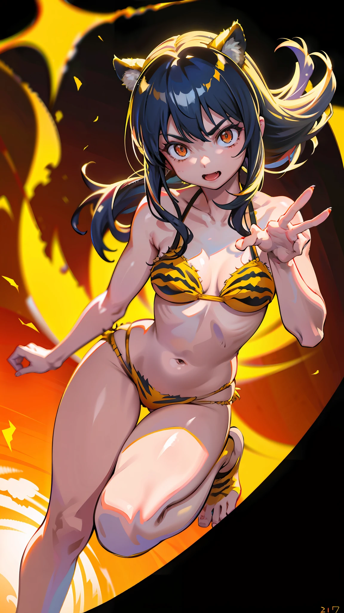 1 beautiful girl, tiger print bikini, tiger ears, tiger tail, tiger hand, tiger paw, tiger fingers, sharp claws, sharp fangs, hunter's eyes aiming at prey, black hair and blonde mesh, sharp eyes, height 177cm, three sizes B95W60H90, knees and hands on the ground aiming at prey in a fours position, master-piece, hyper quality, hyper detailed, perfect drawing,CG,3D,8k,illustration