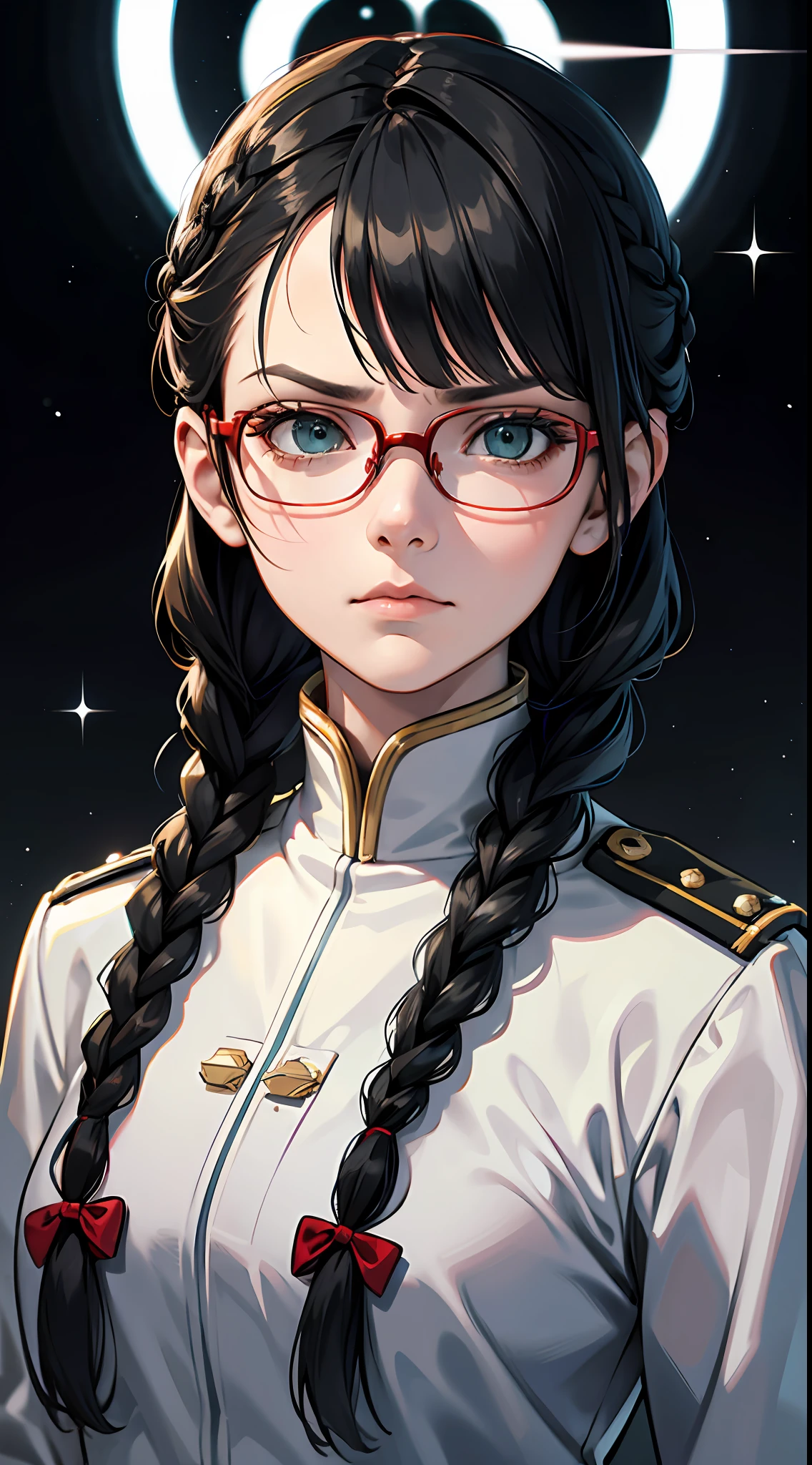 Movie Poster,((Braid Hairstyle : 1.5)),Anime Reference 86 ,Science Fiction,Sci-Fi,Movies,War Action Movies,Space,Atmosphere,Sky,Battleship,Multiple Characters,Women,Adults,Green Eyes,Black Hair,(Pia bangs hairstyle) : 1.8 ),(Red Glasses),General Uniform,White Commander Uniform,Serious Face Frowning,Realistic Face Detail,Realism,3D Face,