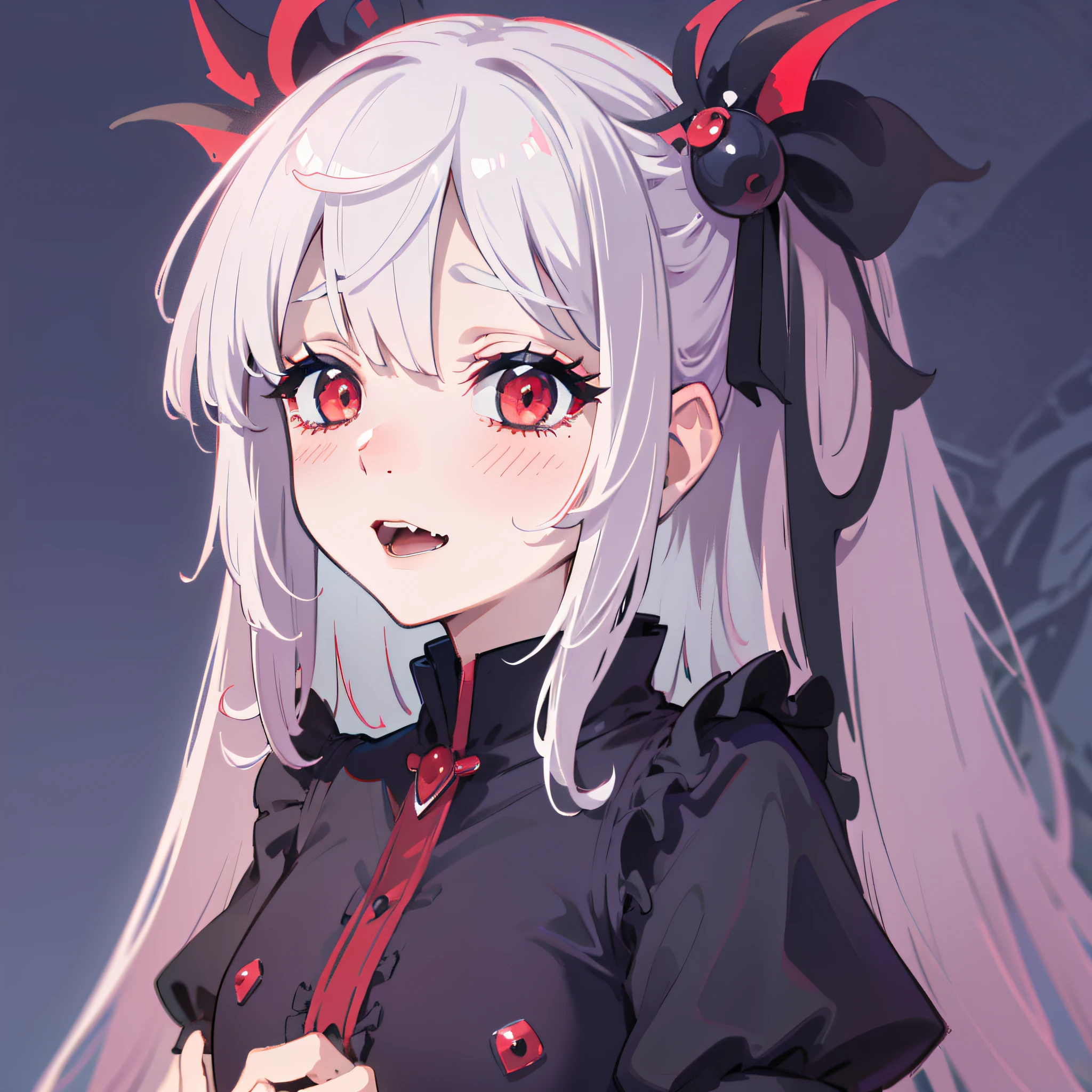 ((cute + **** + vampire + black and red color scheme), white hair: 0.9, ultra-detailed, kawaii dynamic pose, ultra-detailed clothing, twilight, blue background)