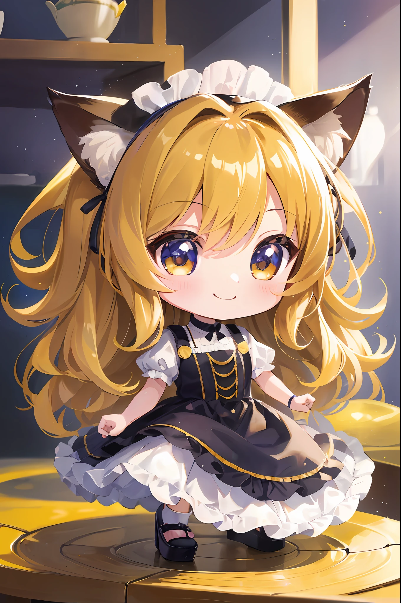 (Chibi Chibi: 1.3), Solo, full body, wearing yellow maid clothes, highly detailed face, (smile: 1.2), lively, gravure pose, beautiful detailed eyes, light brown long hair, cat ears, masterpiece, top quality, highly detailed 8k wallpaper