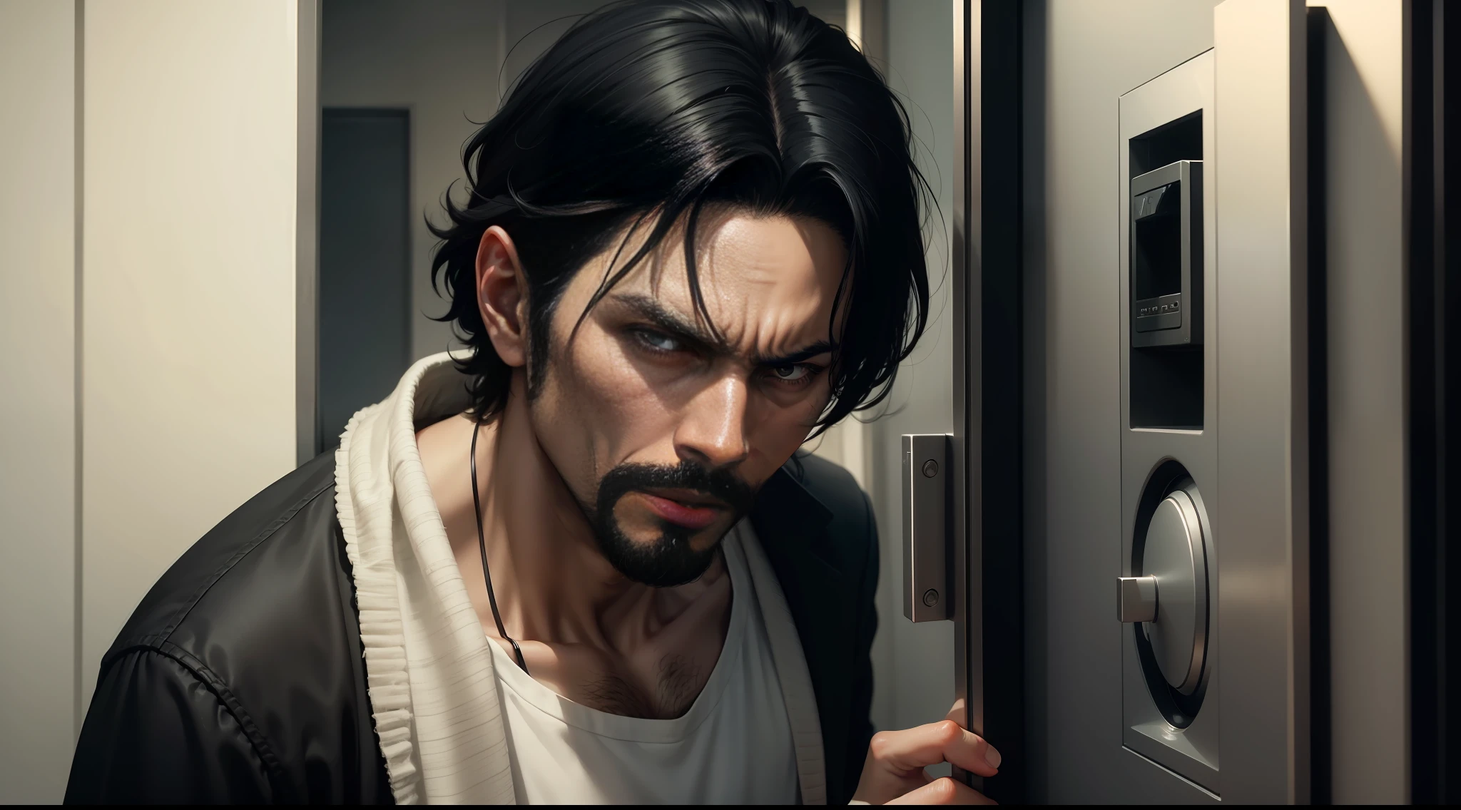 a man with black hair, he scowls and closes the door with great cinematic fear, 8K, RAW, HD, masterpiece