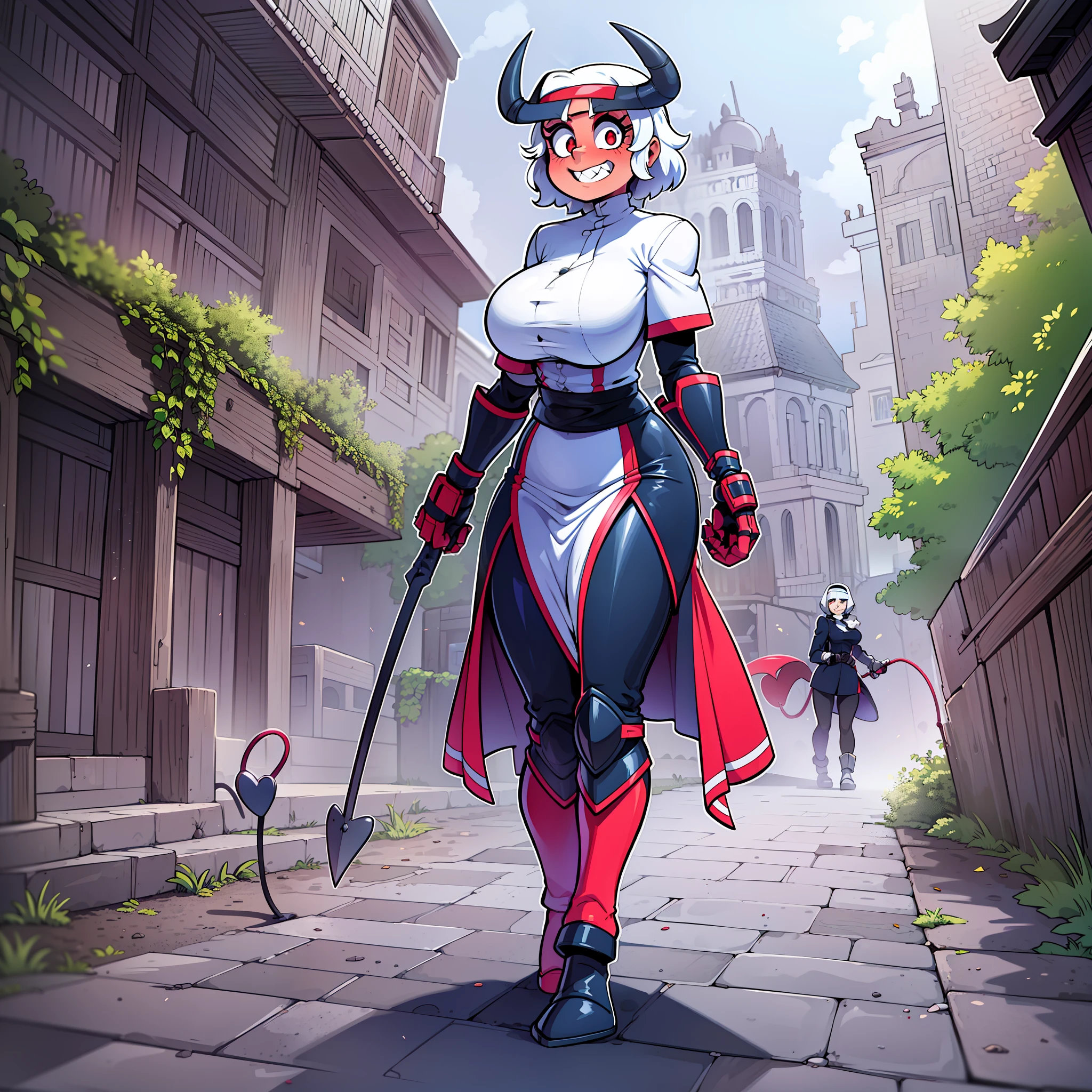 nun, demon girl, walking, bimbo, warpriesstes, silver hair, short hair, sacred gauntlets, long skiing, cute smile,