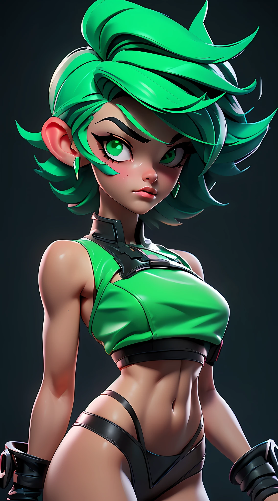 ((Best Quality)), ((Masterpiece)), ((Realistic)) and ultra-detailed photography of a 1nerdy girl with goth and neon colors. She has ((emerald short hair)), wears a small tiny black thong , ((beautiful and aesthetic)), muscular fit body abs, sexy, under-boobs, hot