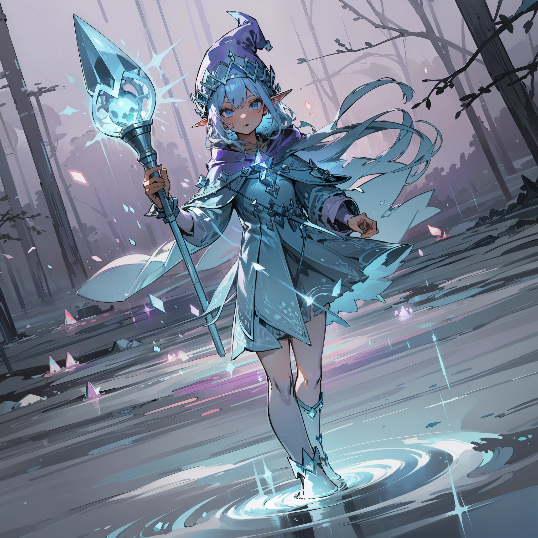 Ice Girl, Ice Flame, with a wizard hat that emits a faint blue-purple light, an ice pick suspended in her left hand, a cold ice staff in her right hand, cold tones, eyes closed, magic array under her feet, water ripples, spinning, (on the back), (elves on the ground: 1.331), wind, outdoors, sunlight, a round of cold ice sparkling behind the back, double eyelids, convex nose bridge, small mouth, (high cold expression), comics, ray tracing, detail, 4K, HD, high quality