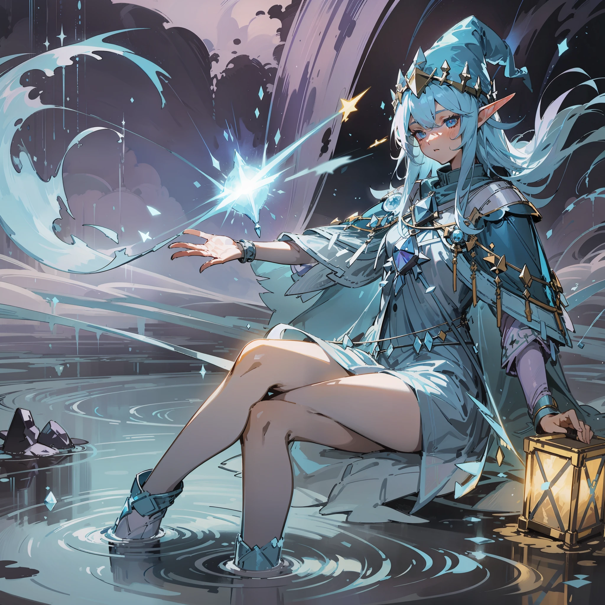 Ice Girl, Ice Flame, with a wizard hat that emits a faint blue-purple light, an ice pick suspended in her left hand, a cold ice staff in her right hand, cold tones, eyes closed, magic array under her feet, water ripples, spinning, (on the back), (elves on the ground: 1.331), wind, outdoors, sunlight, a round of cold ice sparkling behind the back, double eyelids, convex nose bridge, small mouth, (high cold expression), comics, ray tracing, detail, 4K, HD, high quality
