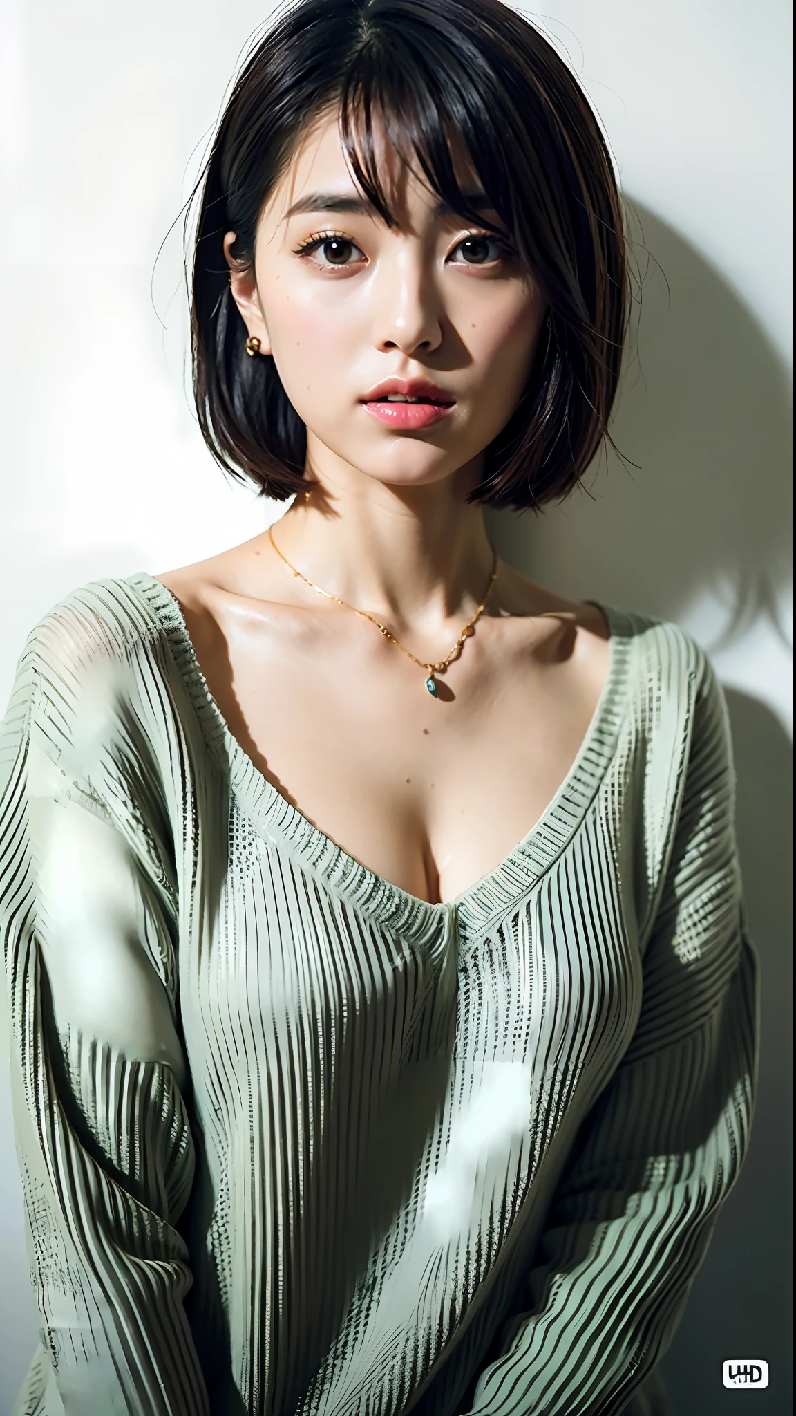 (Best Quality, 8k, 32k, Masterpiece, UHD: 1.2), Cute Japan Woman Pictures, Big, Very Short Bob Hair, Upper Body, Face Focus, oversized_sweater, Necklace, Simple Background, From Above, Watch Viewer, Sexy Lingerie