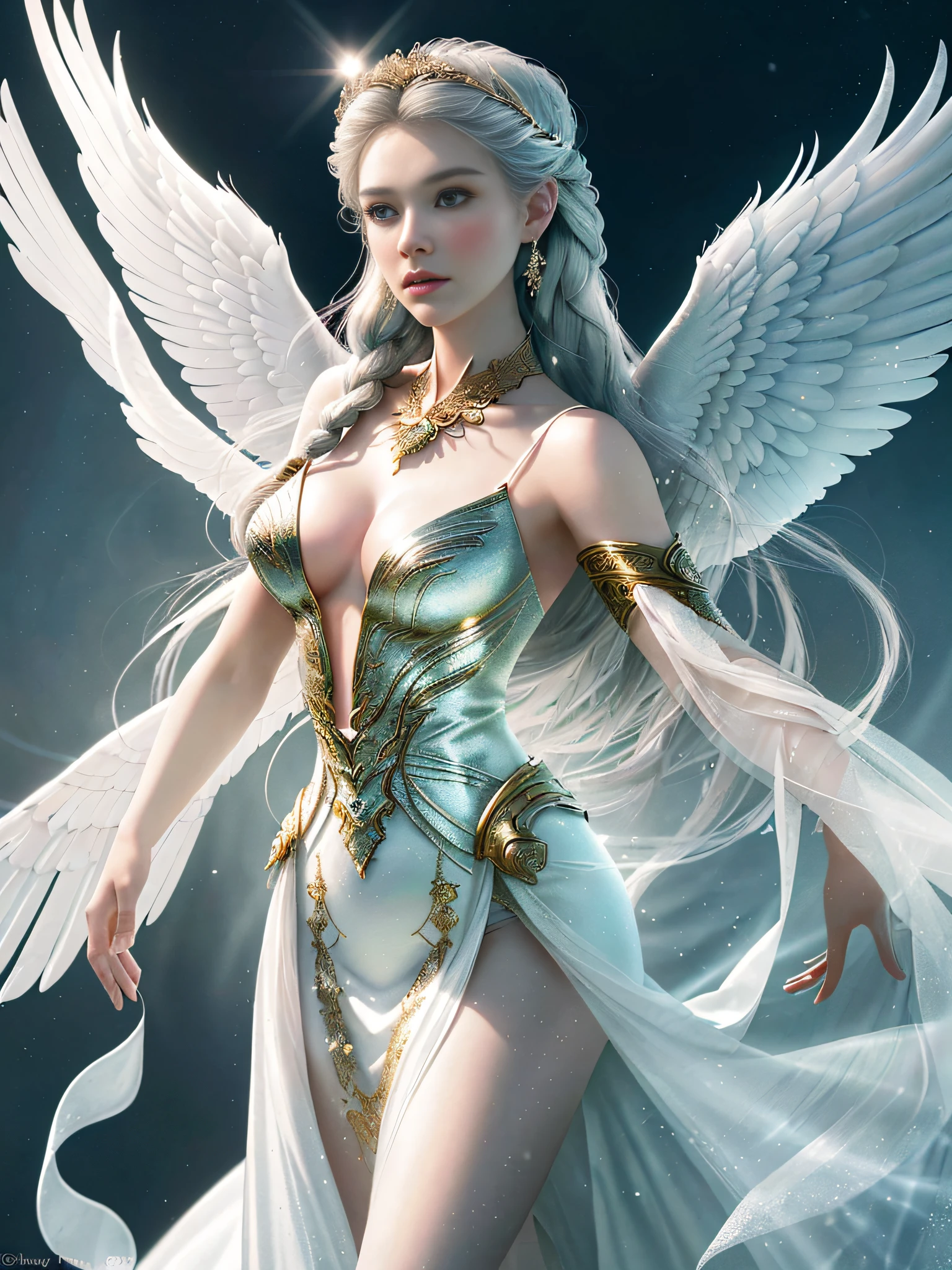 (masterpiece, best quality, photorealistic, highly detailed, octane render, unreal engine, 8k HD, hyper-detailed, realistic skin texture, best quality, ultra high res, raw photo, dramatic lighting, unreal engine, diffuse glow, dynamic pose), A female archangel with beautiful features would likely have striking, ethereal looks that would inspire awe and wonder in anyone who beheld her. She might have piercing blue or green eyes that seemed to glow with an inner light, framed by long lashes that brushed against her delicate cheekbones. Her skin might be porcelain pale, with a soft, rosy blush that highlighted her high cheekbones.
Her hair might be long and flowing, with strands of gold or silver that shimmered like starlight in the sun. It might be styled in intricate braids or loose waves that cascaded down her back, or perhaps pulled back into an elegant updo that showcased her graceful neck.
Her wings would be magnificent, with feathers as white as snow and shimmering with an otherworldly light. They might be large and imposing, giving her an aura of power and majesty, or perhaps delicate and intricate, reflecting her refined and elegant nature.
In short, a female archangel with beautiful features would be a vision of divine beauty, radiating grace, power, and wonder in all who beheld her