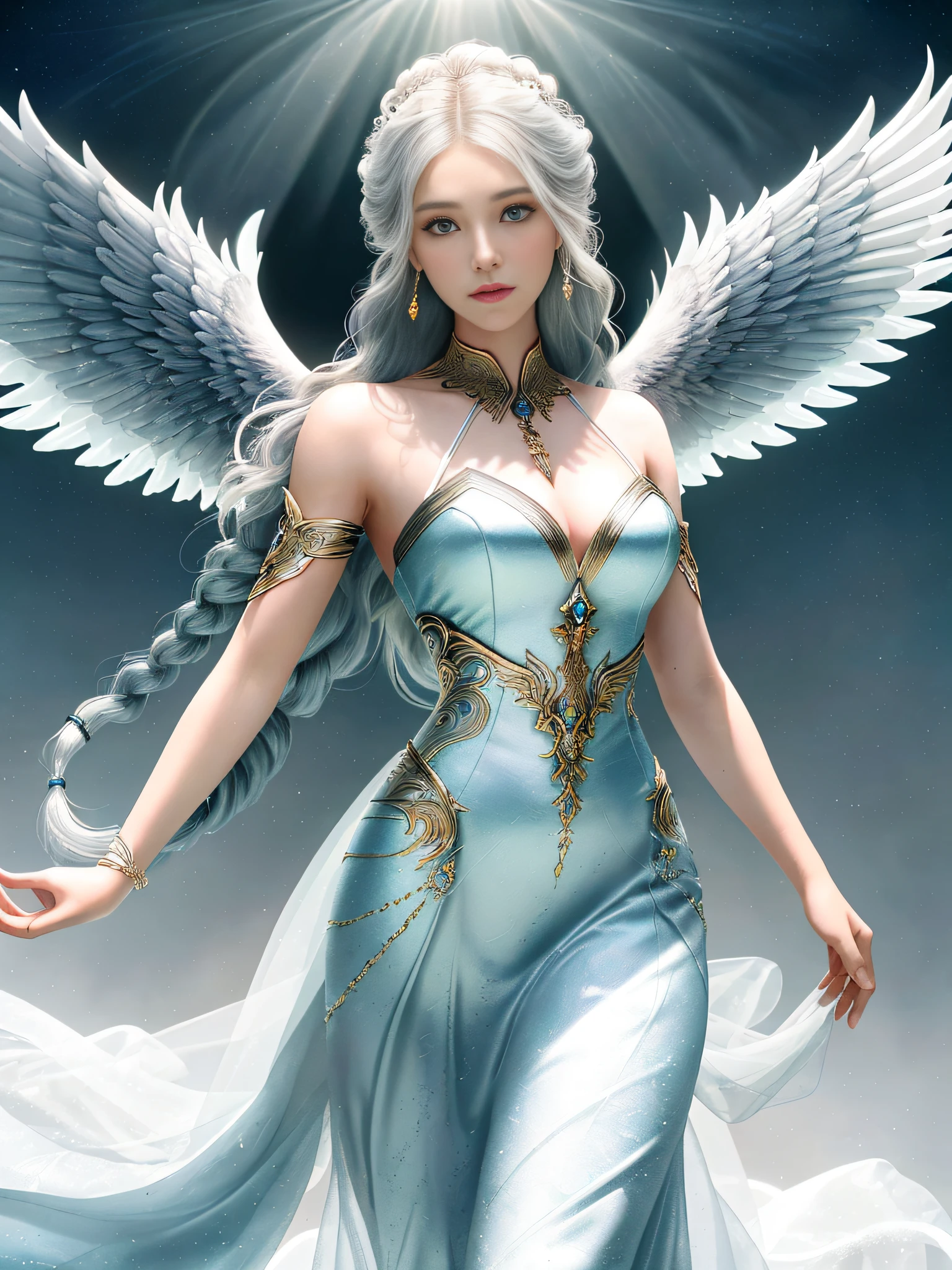 (masterpiece, best quality, photorealistic, highly detailed, octane render, unreal engine, 8k HD, hyper-detailed, realistic skin texture, best quality, ultra high res, raw photo, dramatic lighting, unreal engine, diffuse glow, dynamic pose), A female archangel with beautiful features would likely have striking, ethereal looks that would inspire awe and wonder in anyone who beheld her. She might have piercing blue or green eyes that seemed to glow with an inner light, framed by long lashes that brushed against her delicate cheekbones. Her skin might be porcelain pale, with a soft, rosy blush that highlighted her high cheekbones.
Her hair might be long and flowing, with strands of gold or silver that shimmered like starlight in the sun. It might be styled in intricate braids or loose waves that cascaded down her back, or perhaps pulled back into an elegant updo that showcased her graceful neck.
Her wings would be magnificent, with feathers as white as snow and shimmering with an otherworldly light. They might be large and imposing, giving her an aura of power and majesty, or perhaps delicate and intricate, reflecting her refined and elegant nature.
In short, a female archangel with beautiful features would be a vision of divine beauty, radiating grace, power, and wonder in all who beheld her