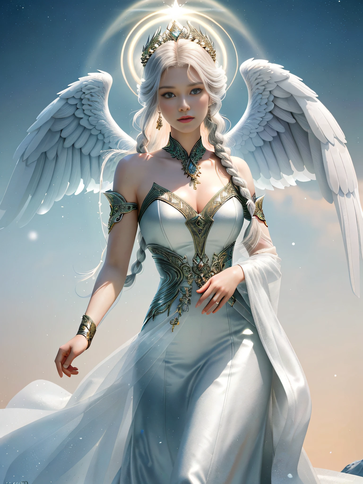 (masterpiece, best quality, photorealistic, highly detailed, octane render, unreal engine, 8k HD, hyper-detailed, realistic skin texture, best quality, ultra high res, raw photo, dramatic lighting, unreal engine, diffuse glow, dynamic pose), A female archangel with beautiful features would likely have striking, ethereal looks that would inspire awe and wonder in anyone who beheld her. She might have piercing blue or green eyes that seemed to glow with an inner light, framed by long lashes that brushed against her delicate cheekbones. Her skin might be porcelain pale, with a soft, rosy blush that highlighted her high cheekbones.
Her hair might be long and flowing, with strands of gold or silver that shimmered like starlight in the sun. It might be styled in intricate braids or loose waves that cascaded down her back, or perhaps pulled back into an elegant updo that showcased her graceful neck.
Her wings would be magnificent, with feathers as white as snow and shimmering with an otherworldly light. They might be large and imposing, giving her an aura of power and majesty, or perhaps delicate and intricate, reflecting her refined and elegant nature.
In short, a female archangel with beautiful features would be a vision of divine beauty, radiating grace, power, and wonder in all who beheld her