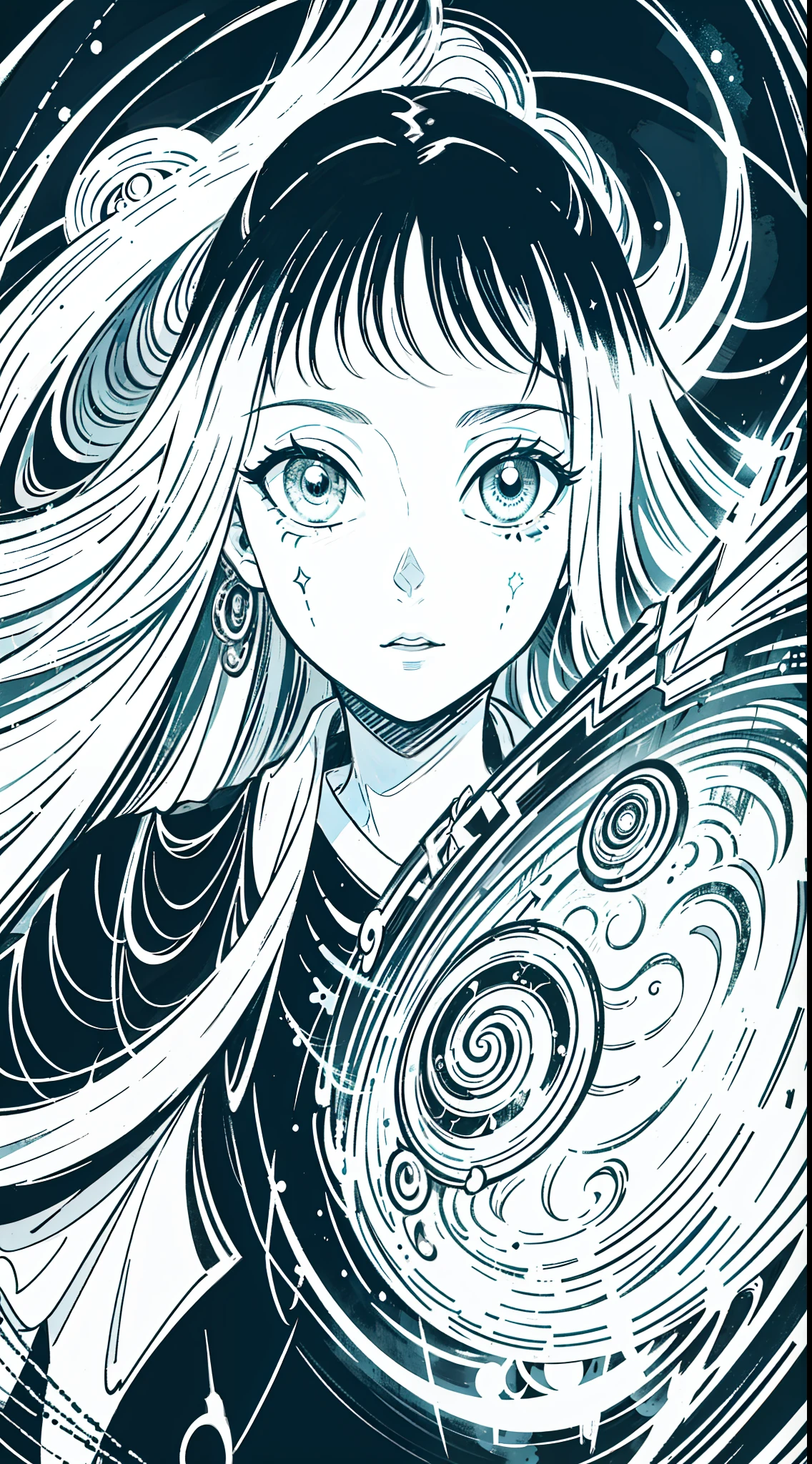 Black and white drawing of a woman holding a picture, mystic, mystical art, mystical art, abstract mystery epic composition, cult, highly detailed dark art, mystical cyberpunk, mystical details, Junji Ito style, inspired by Junji Ito, horror manga, occult inspiration, occult, modern mystic, Christian Zaltman, monochrome painting, shaman horror LSD art