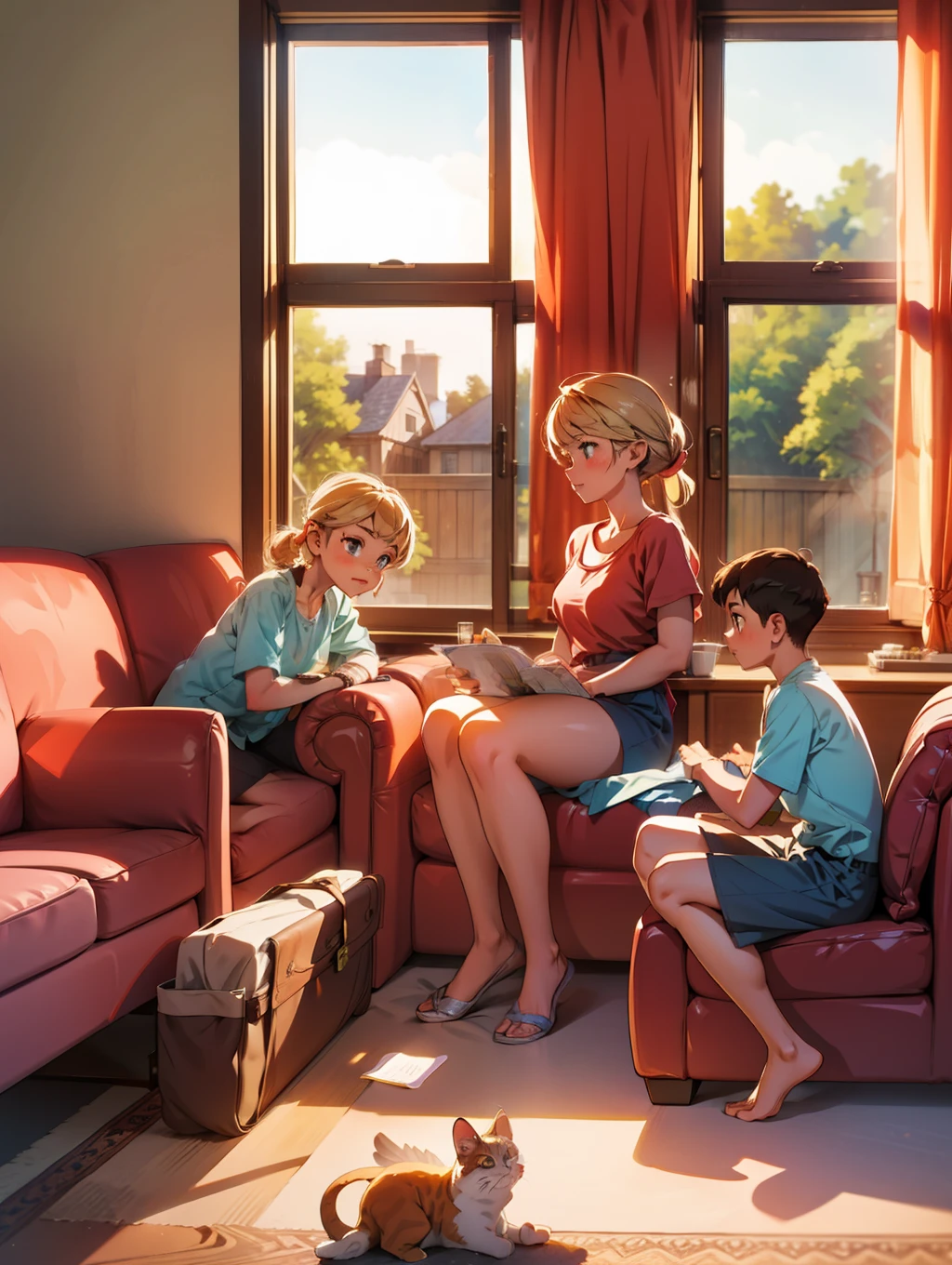 family sitting in the room at home, sunlight