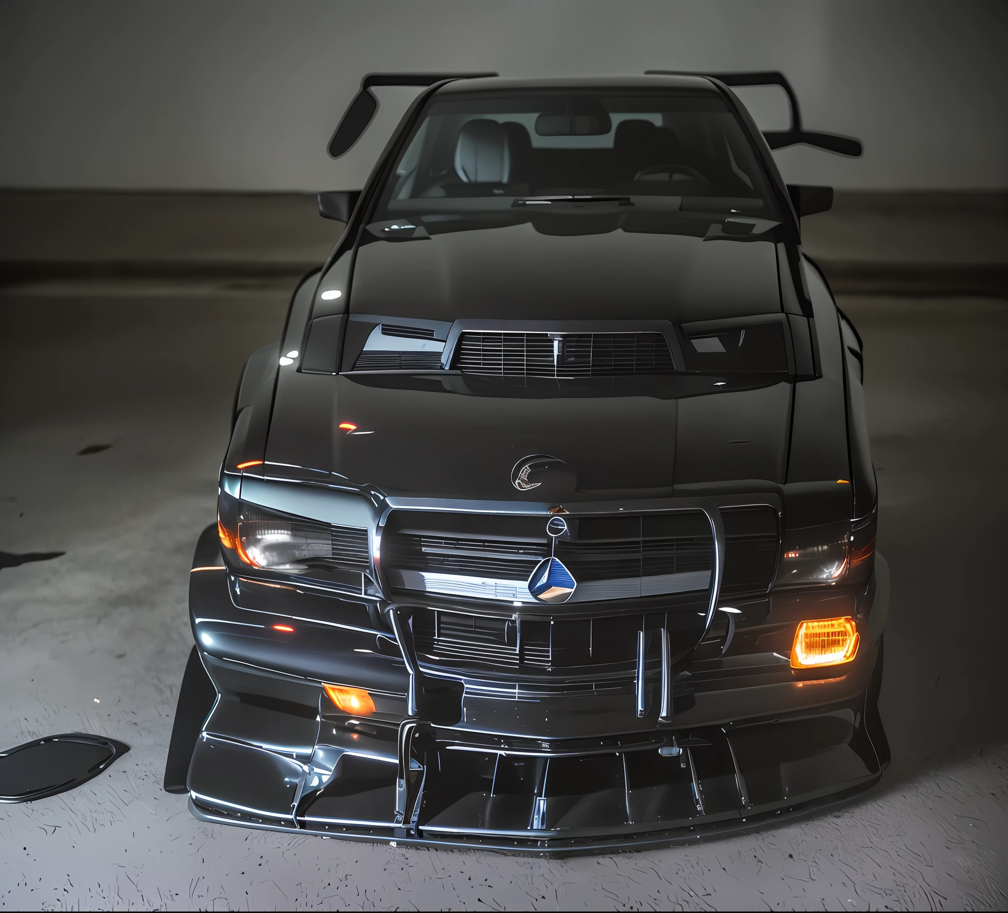 mid distance shot of detailed raw hd photo of a (190evo) parked inside a (darkly lit parking garage ,dimly lit, low key )grunge, urban menacing ambience, metal pipes, concreate, decay
(nighttime, pitch black, moody and dark:1.3) (glowing headlights:1.2)