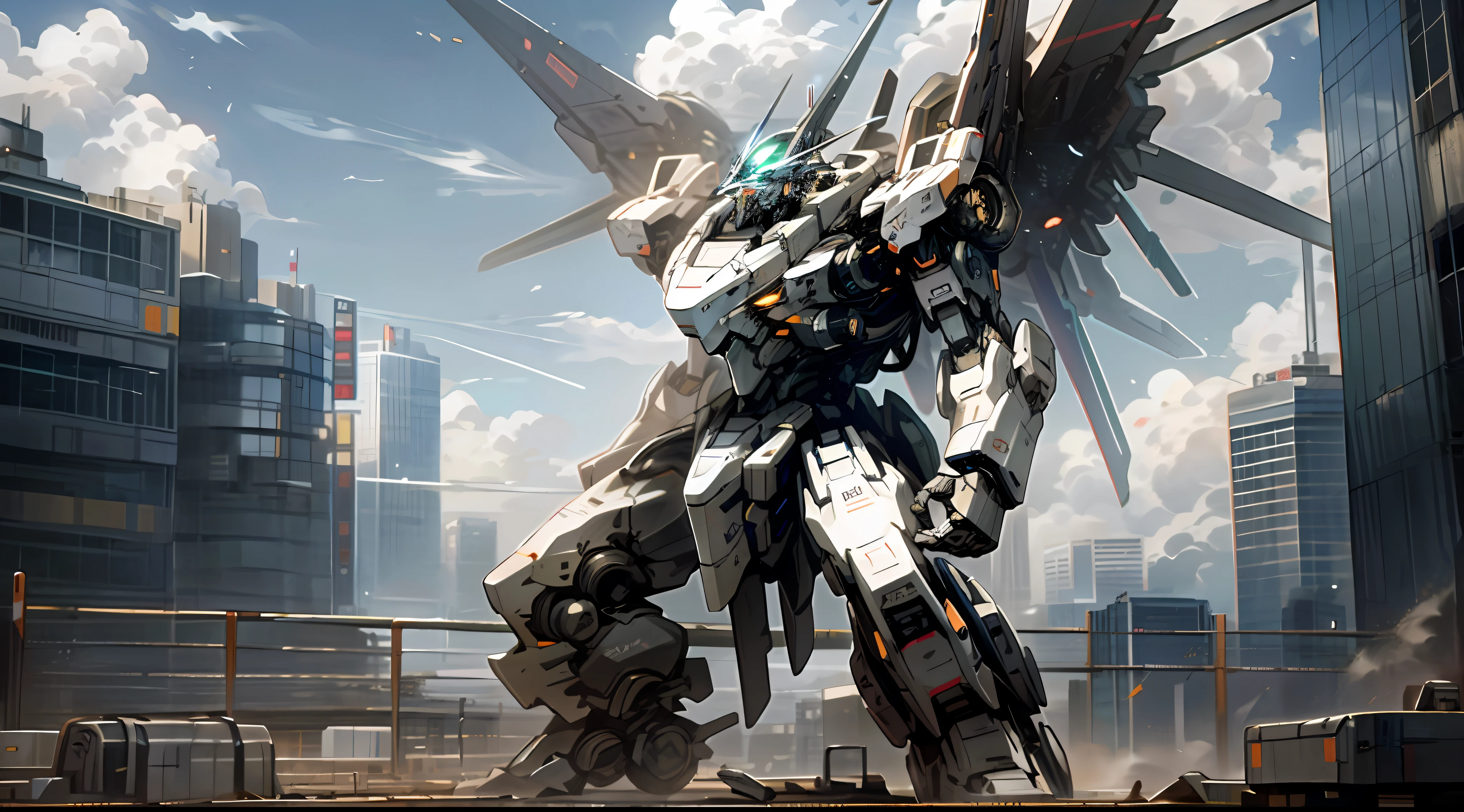 sky, cloud, holding_weapon, no_humans, glowing, , robot, building, glowing_eyes, mecha, science_fiction, city, realistic,mecha, combat aircrafts in sky