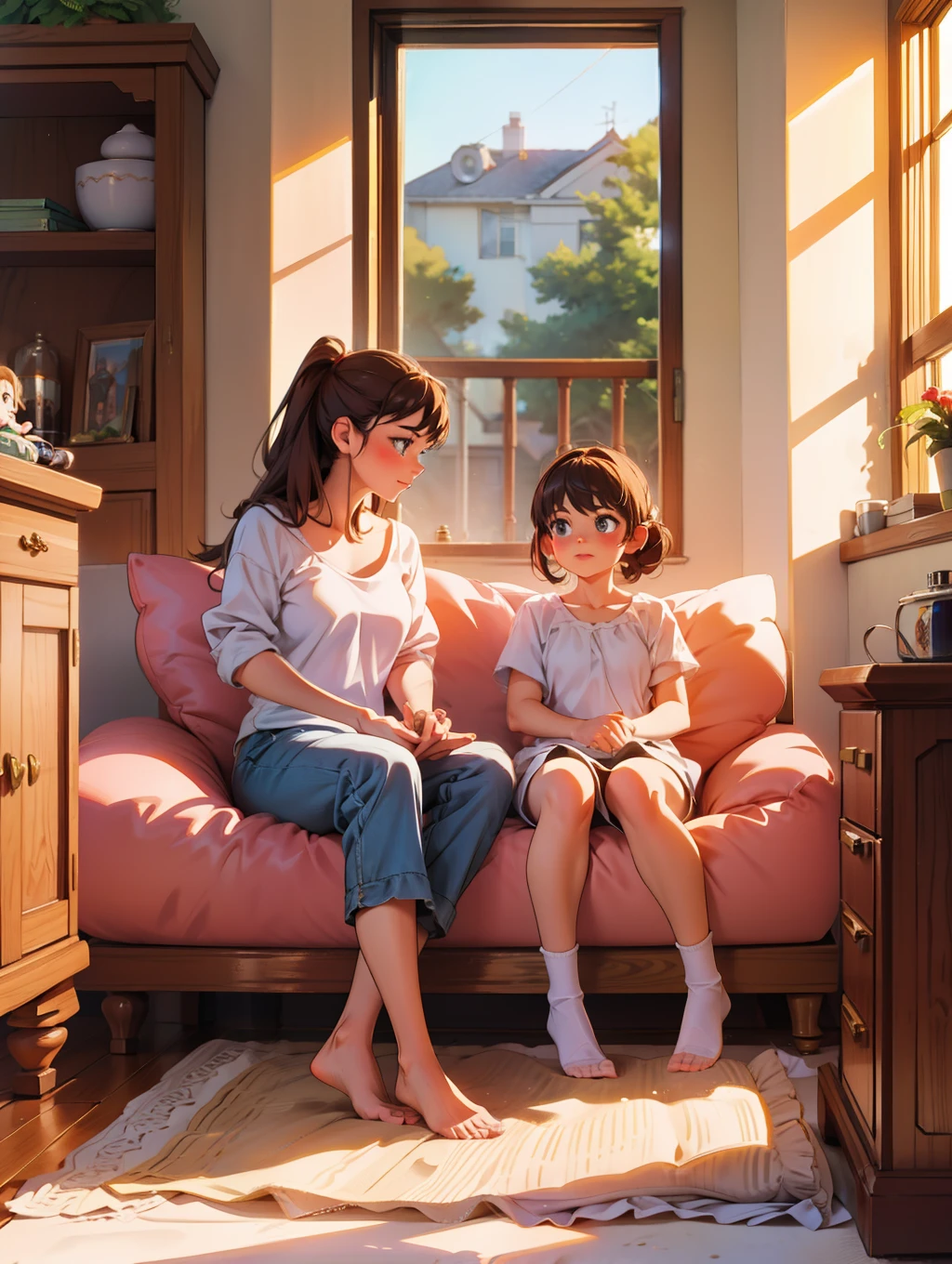 family sitting in the room at home, sunlight
