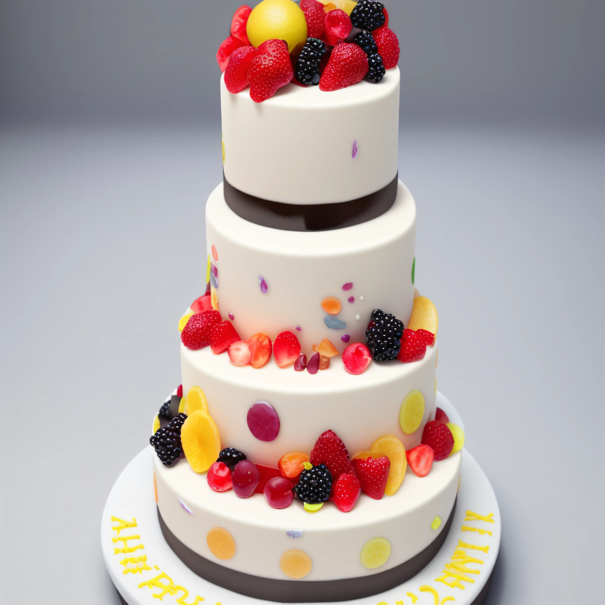 There is a three-layer cake with fruits on top, cake art, birthday cake, cake, high quality realistic 3d, highly detailed 3d, highly detailed 3d, cake sculpture, highly professionally detailed, with sparkling gems on top, cakes, 3d with depth of field, 3/4 realistic view, yummy, with 3D render, with 3D render, non text