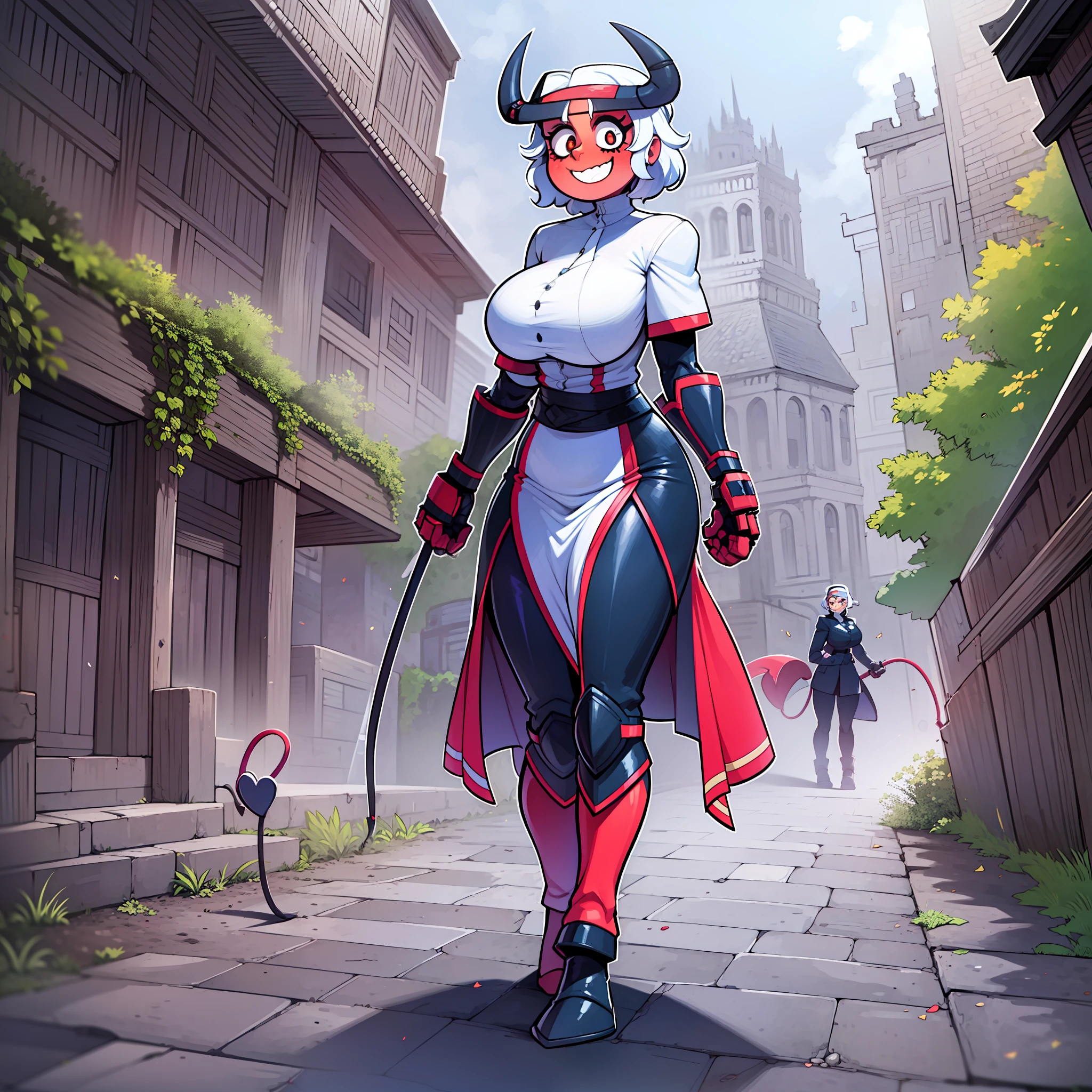 nun, demon girl, walking, bimbo, warpriesstes, silver hair, short hair, sacred gauntlets, long skiing, cute smile,