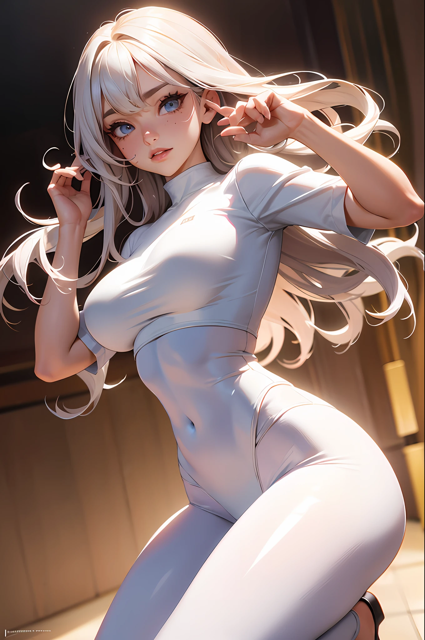 (hyperrealistic), (illustration), (high resolution), (8K), (extremely detailed), (best illustration), (beautiful detailed eyes), (best quality), (ultra-detailed), (masterpiece), (wallpaper), (detailed face), solo 1 girl, white wavy hair, korean, heterochromic eyes, small moles under the eyes, loose white shirt, yoga pants, big breasts, long legs, tight abs, camel toes, dynamic pose