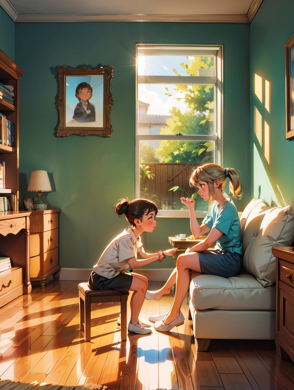 family sitting in the room at home, sunlight