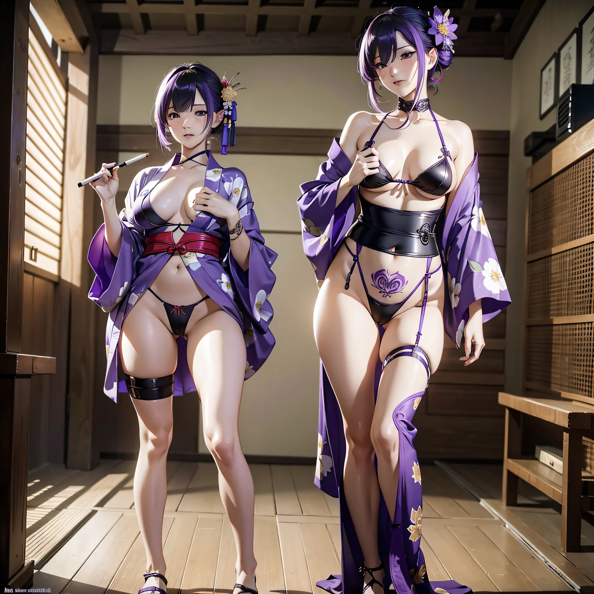 (8k, RAW photo, top quality, master pee), (realistic, photorealistic), very delicate and beautiful, very detailed, cool, cool, robotic, smart, full body, ren, cyborg, elegantly, beautiful background, octane rendering, hr giger style, professional lighting, photographer quality, full body, professional lighting, photographer quality, absurdity, machine, mechanicShot with Canon EOS R5, Shot by Canon EOS R5, Knight, Mechanical Yukata, (8k, RAW photography, top quality, masterpiece), (realistic, photorealistic), 30 years old, bright hair color, very delicate and beautiful, very detailed, cool, cool, sexy woman, skin exposed, female genitalia, stylish, cyberpunk, sexy yukata, cigarette, purple sexy yukata, bondage, exposed breasts, tattoos, pubic hair,