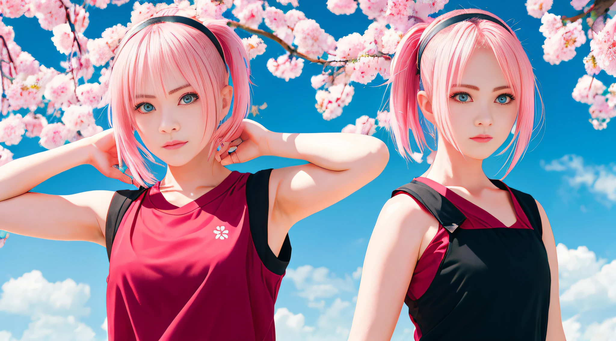 haruno sakura, naruto \(series\), naruto shippuuden, cherry blossoms, detailed background,
1girl, konohagakure symbol, bangs, breasts, closed mouth, elbow sleeve, eyes visible through hair, floating hair, forehead protector, foreshortening, green eyes, hair intakes, hairband, looking at viewer, parted bangs, pink hair, red shirt, shirt, short hair, sleeveless, sleeveless shirt, small breasts, solo, upper body, v-shaped eyebrows, white background, wind, portrait,
, ((masterpiece))