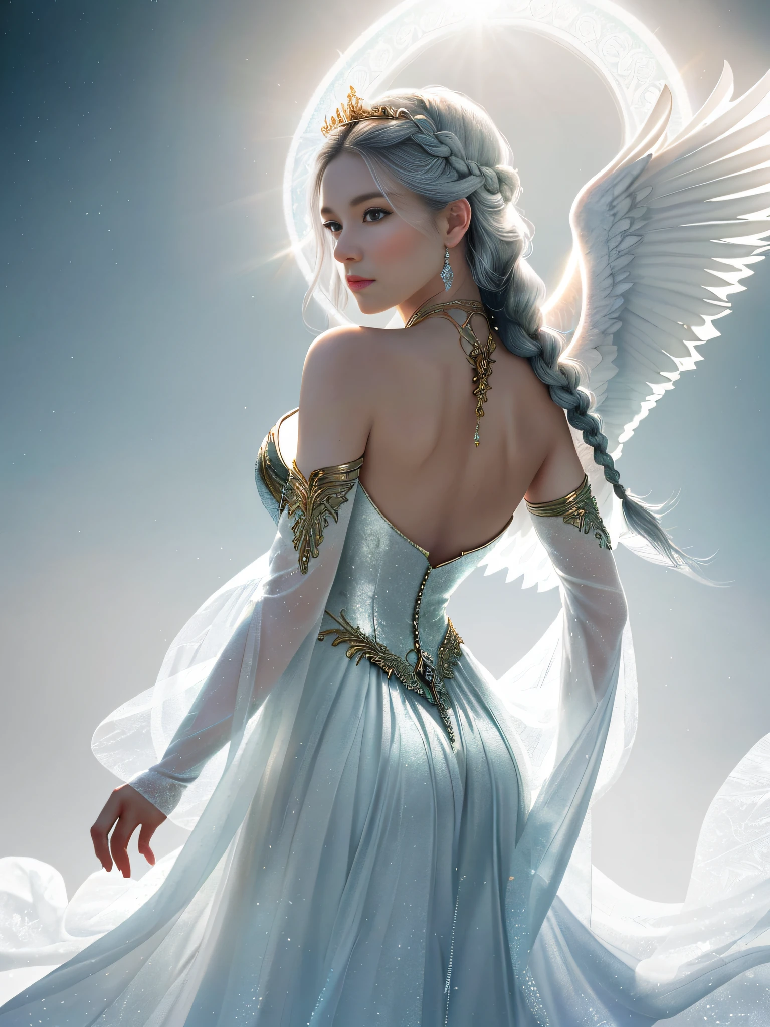 (masterpiece, best quality, photorealistic, highly detailed, octane render, unreal engine, 8k HD, hyper-detailed, realistic skin texture, best quality, ultra high res, raw photo, dramatic lighting, unreal engine, diffuse glow, dynamic pose), A female archangel with beautiful features would likely have striking, ethereal looks that would inspire awe and wonder in anyone who beheld her. She might have piercing blue or green eyes that seemed to glow with an inner light, framed by long lashes that brushed against her delicate cheekbones. Her skin might be porcelain pale, with a soft, rosy blush that highlighted her high cheekbones.

Her hair might be long and flowing, with strands of gold or silver that shimmered like starlight in the sun. It might be styled in intricate braids or loose waves that cascaded down her back, or perhaps pulled back into an elegant updo that showcased her graceful neck.

Her wings would be magnificent, with feathers as white as snow and shimmering with an otherworldly light. They might be large and imposing, giving her an aura of power and majesty, or perhaps delicate and intricate, reflecting her refined and elegant nature.

In short, a female archangel with beautiful features would be a vision of divine beauty, radiating grace, power, and wonder in all who beheld her