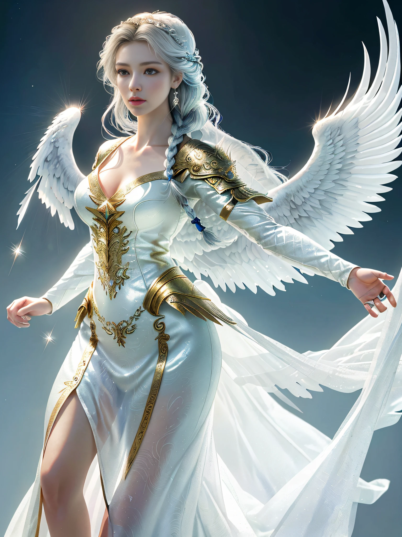 (masterpiece, best quality, photorealistic, highly detailed, octane render, unreal engine, 8k HD, hyper-detailed, realistic skin texture, best quality, ultra high res, raw photo, dramatic lighting, unreal engine, diffuse glow, dynamic pose), A female archangel with beautiful features would likely have striking, ethereal looks that would inspire awe and wonder in anyone who beheld her. She might have piercing blue or green eyes that seemed to glow with an inner light, framed by long lashes that brushed against her delicate cheekbones. Her skin might be porcelain pale, with a soft, rosy blush that highlighted her high cheekbones.

Her hair might be long and flowing, with strands of gold or silver that shimmered like starlight in the sun. It might be styled in intricate braids or loose waves that cascaded down her back, or perhaps pulled back into an elegant updo that showcased her graceful neck.

Her wings would be magnificent, with feathers as white as snow and shimmering with an otherworldly light. They might be large and imposing, giving her an aura of power and majesty, or perhaps delicate and intricate, reflecting her refined and elegant nature.

In short, a female archangel with beautiful features would be a vision of divine beauty, radiating grace, power, and wonder in all who beheld her