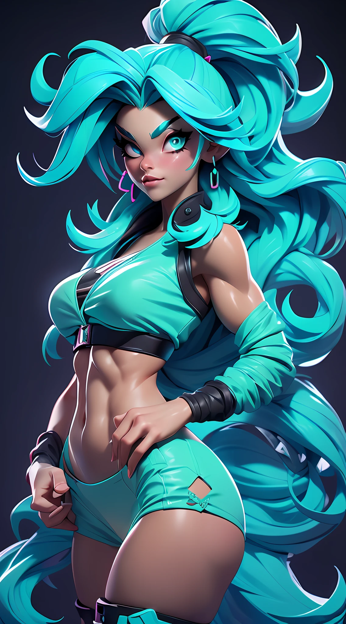 ((Best Quality)), ((Masterpiece)), ((Realistic)) and ultra-detailed photography of a 1nerdy girl with goth and neon colors. She has ((turquoise hair)), wears a small skimpy black thong long robes, ((beautiful and aesthetic)), muscular fit body abs, sexy, under-boobs, hot
