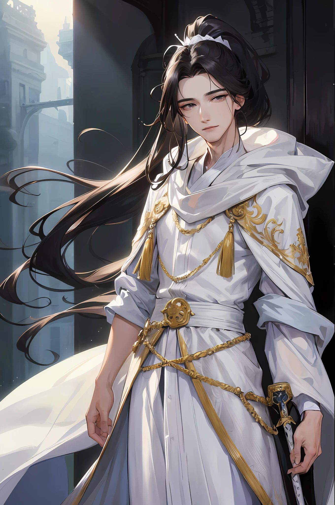 Official Art, Masterpiece, Sharp Focus, (Beautiful Gorgeous Men:1.3), (Beautiful Men:1.3), Delicate and Beautiful Hair and Eyes and Face, Realistic, Very Detailed, Beautiful Muscular Men, (Side Lighting:1.2), Sunshine, Soft Clouds, Thin, ((Eyes not smiling, eyes open and looking down)), Long hair in a ponytail, (Si Kyung:1.7), Dynamic hair, detailed platinum black hair, shining black eyes, dressed in a white knight's robe, standing with a sword, A smirk, a mole under the eye