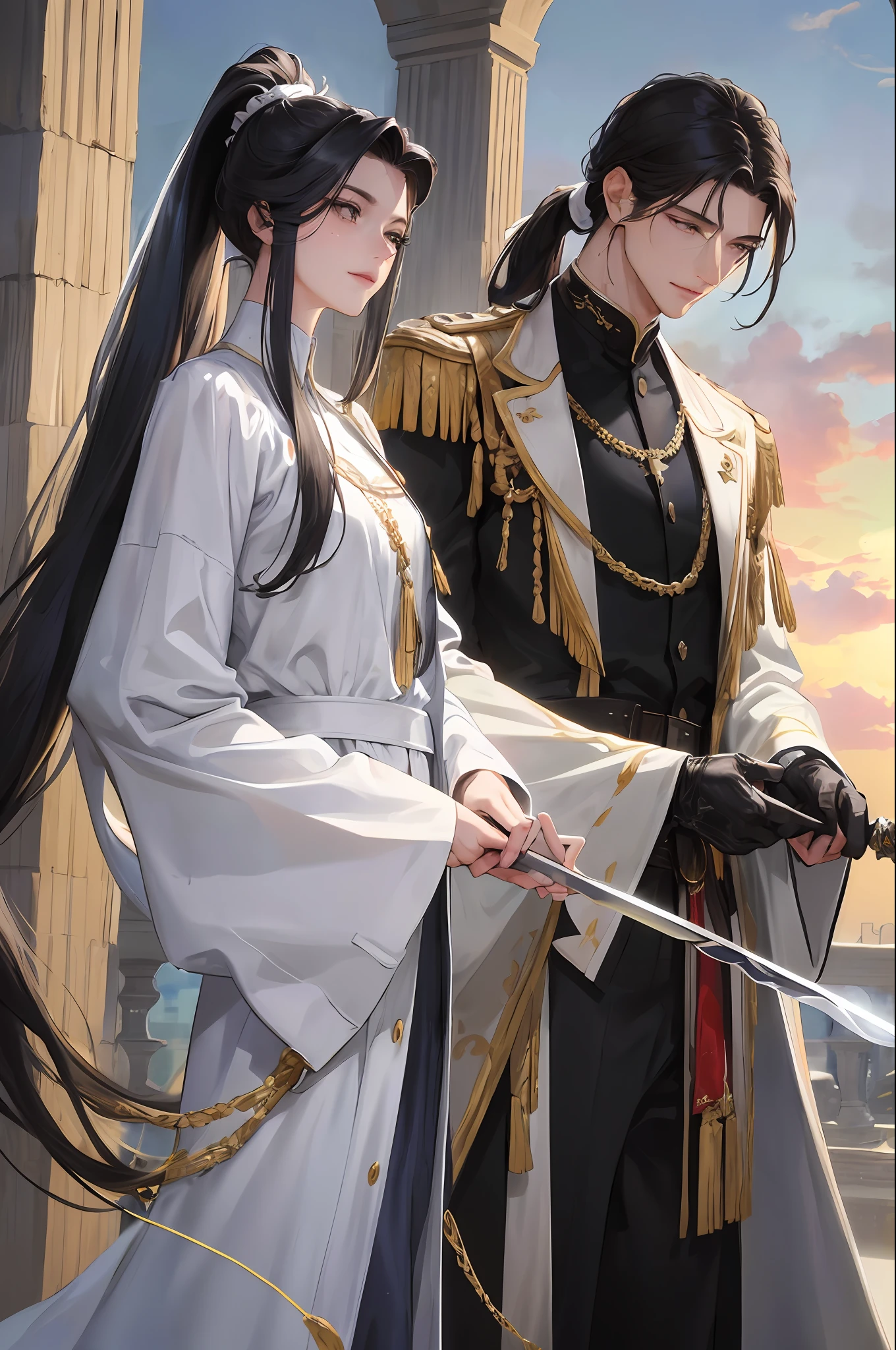 Official Art, Masterpiece, Sharp Focus, (Beautiful Gorgeous Men:1.3), (Beautiful Men:1.3), Delicate and Beautiful Hair and Eyes and Face, Realistic, Very Detailed, Beautiful Muscular Men, (Side Lighting:1.2), Sunshine, Soft Clouds, Thin, ((Eyes not smiling, eyes open and looking down)), Long hair in a ponytail, (Si Kyung:1.7), Dynamic hair, detailed platinum black hair, shining black eyes, dressed in a white knight's robe, standing with a sword, A smirk, a mole under the eye