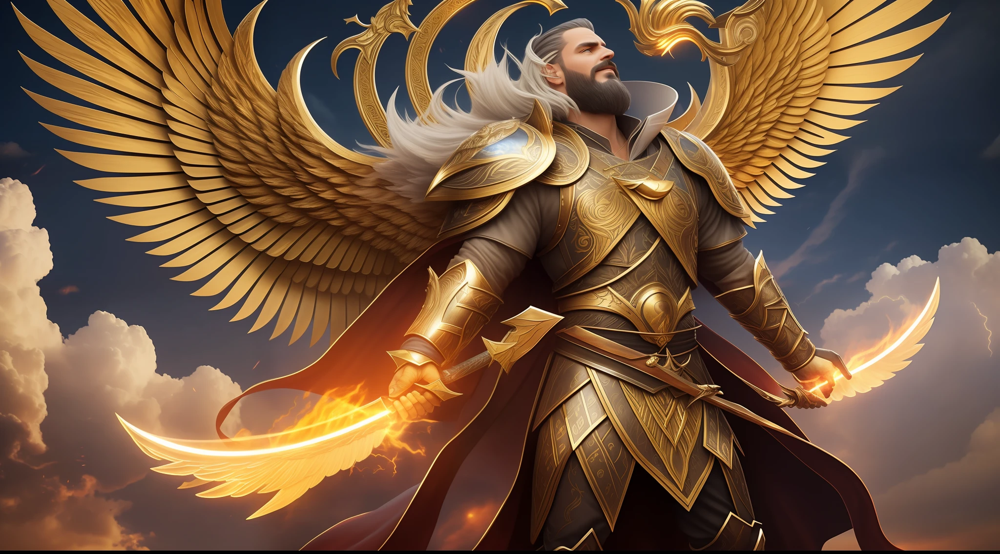 landscape, two male man with swords of fire coming in the heavens over the clouds with lightning and clouds in the background, a bible in his hand, face like the midday sun, crown on his head, hair and beard white as snow, dressed in a tunic and a breastplate of gold, eyes like flames of fire, feet like refined bronze in the furnace, serene smile, Surrealism, backlighting, cinematic lighting, high quality, high details, best quality, with golden wings on both sides 16k, ultra realistic, photo quality.