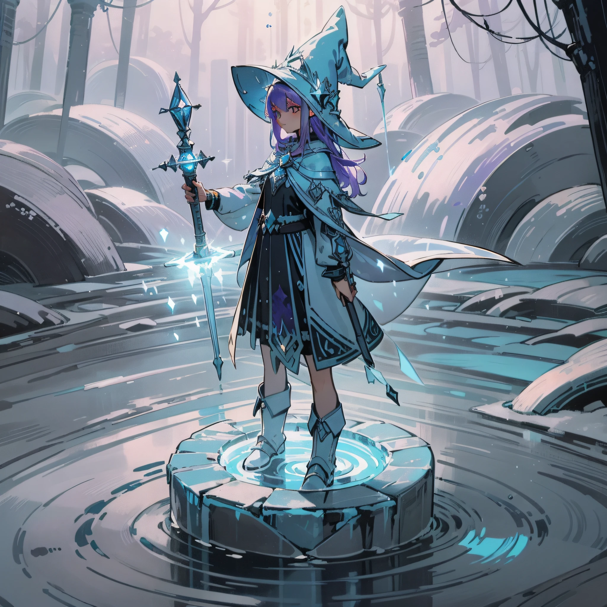 Ice Girl, Ice Flame, with a wizard hat that emits a faint blue-purple light, an ice pick suspended in her left hand, a cold ice staff in her right hand, cold tones, eyes closed, magic array under her feet, water ripples, spinning, (on the back), (elves on the ground: 1.331), wind, outdoors, sunlight, a round of cold ice sparkling behind the back, double eyelids, convex nose bridge, small mouth, (high cold expression), comics, ray tracing, detail, 4K, HD, high quality