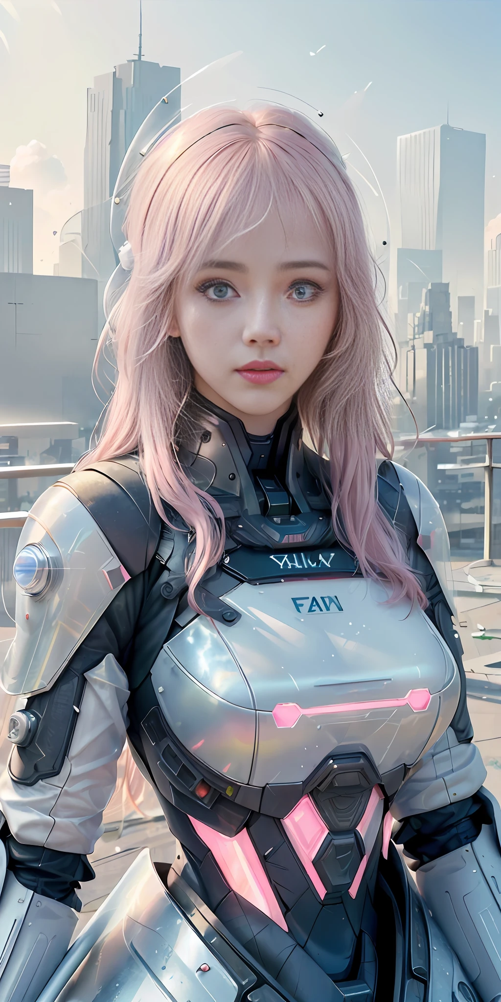 (1girl:1.3), Solo, (((Very detailed face)))), ((Very detailed eyes and face)))), Beautiful detail eyes, Body parts__, Official art, Unified 8k wallpaper, Super detailed, beautiful and beautiful, beautiful, masterpiece, best quality, original, masterpiece, super fine photo, best quality, super high resolution, realistic realism, sunlight, full body portrait, amazing beauty, dynamic pose, delicate face, vibrant eyes, (from the front), Pink mecha, very detailed city roof background, rooftop, overlooking the city, detailed face, detailed complex busy background, messy, gorgeous, milky white, highly detailed skin, realistic skin details, visible pores, clear focus, volumetric fog, 8k uhd, DSLR camera, high quality, film grain, fair skin, photo realism, lomography, futuristic dystopian giant metropolis, translucent