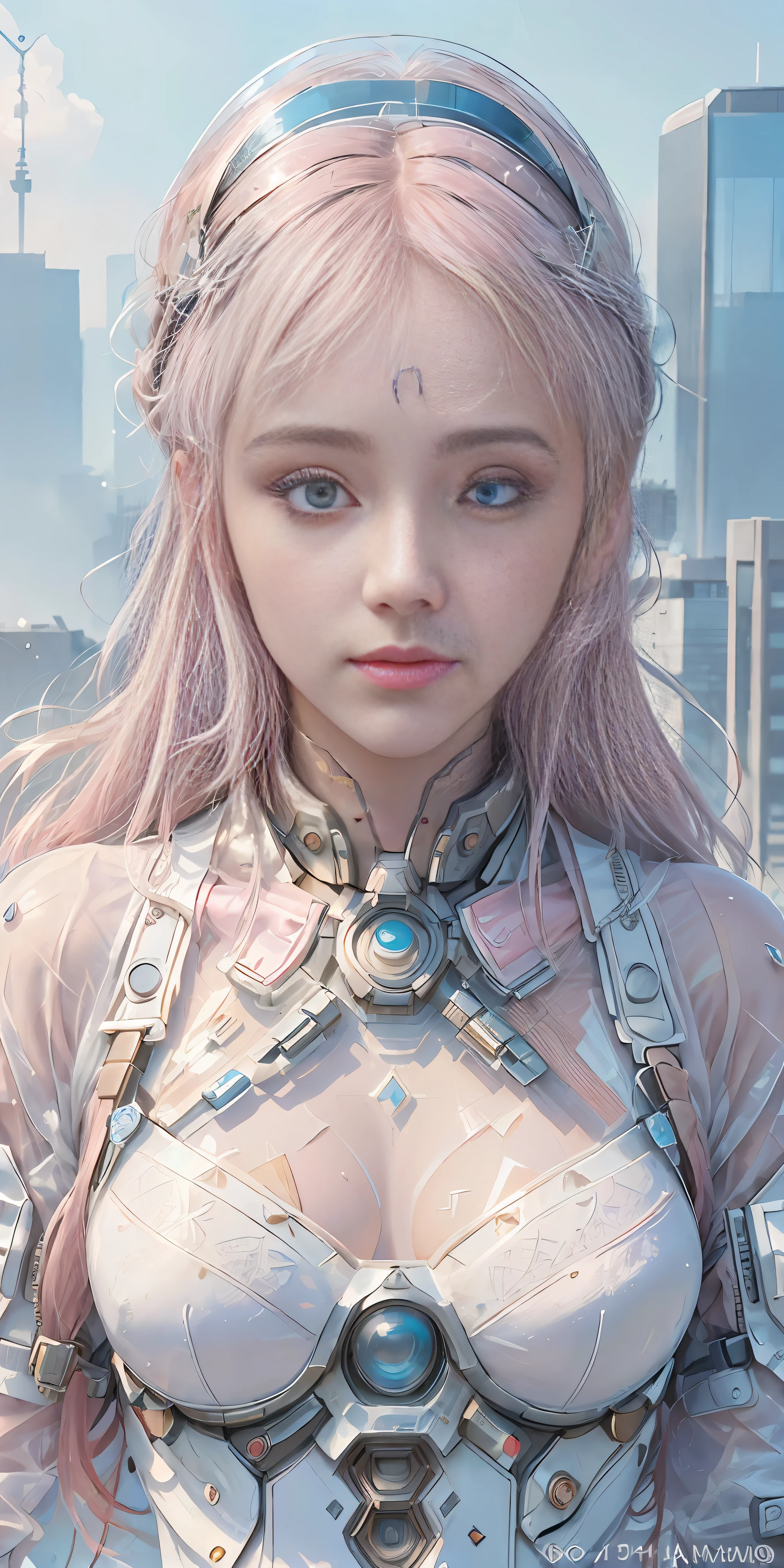 (1girl:1.3), solo, headband transparent glass cover, (((very detailed face)))), ((very detailed eyes and face))), beautiful details eyes, body parts__, official art, unified 8k wallpaper, super detailed, beautiful and beautiful, beautiful, masterpiece, best quality, original, masterpiece, super fine photo, best quality, super high resolution, realistic realism, sunlight, full body portrait, amazing beauty, dynamic pose, delicate face, Vibrant eyes, (from the front), pink mech, very detailed city roof background, rooftop, overlooking the city, detailed face, detailed complex busy background, messy, gorgeous, milky white, highly detailed skin, realistic skin details, visible pores, clear focus, volumetric fog, 8k uhd, DSLR, high quality, film grain, fair skin, photo realism, lomography, futuristic dystopian megalopolis, translucent