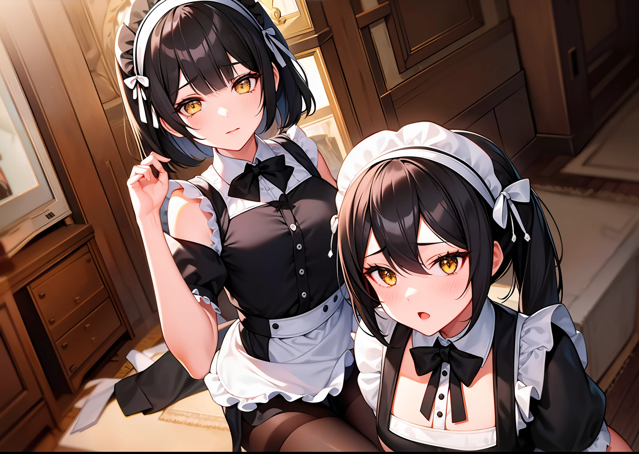 2girls, maid outfit, bare back, black pantyhose, yellow eyes,