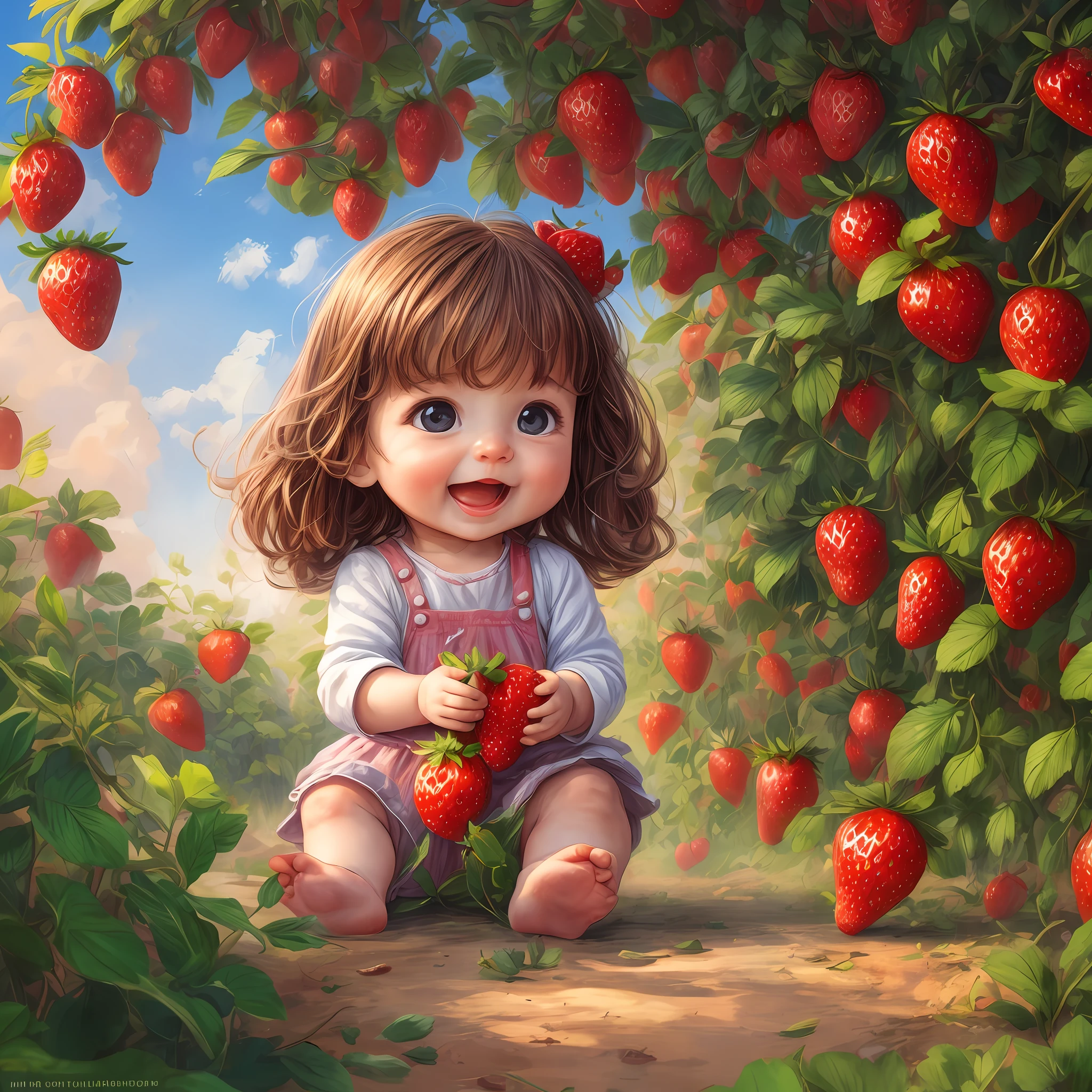 A little baby in the strawberry garden, ripe strawberries, sun, fun, dynamic light, cartoon style, 
digital painting, high quality, 8K --auto --s2