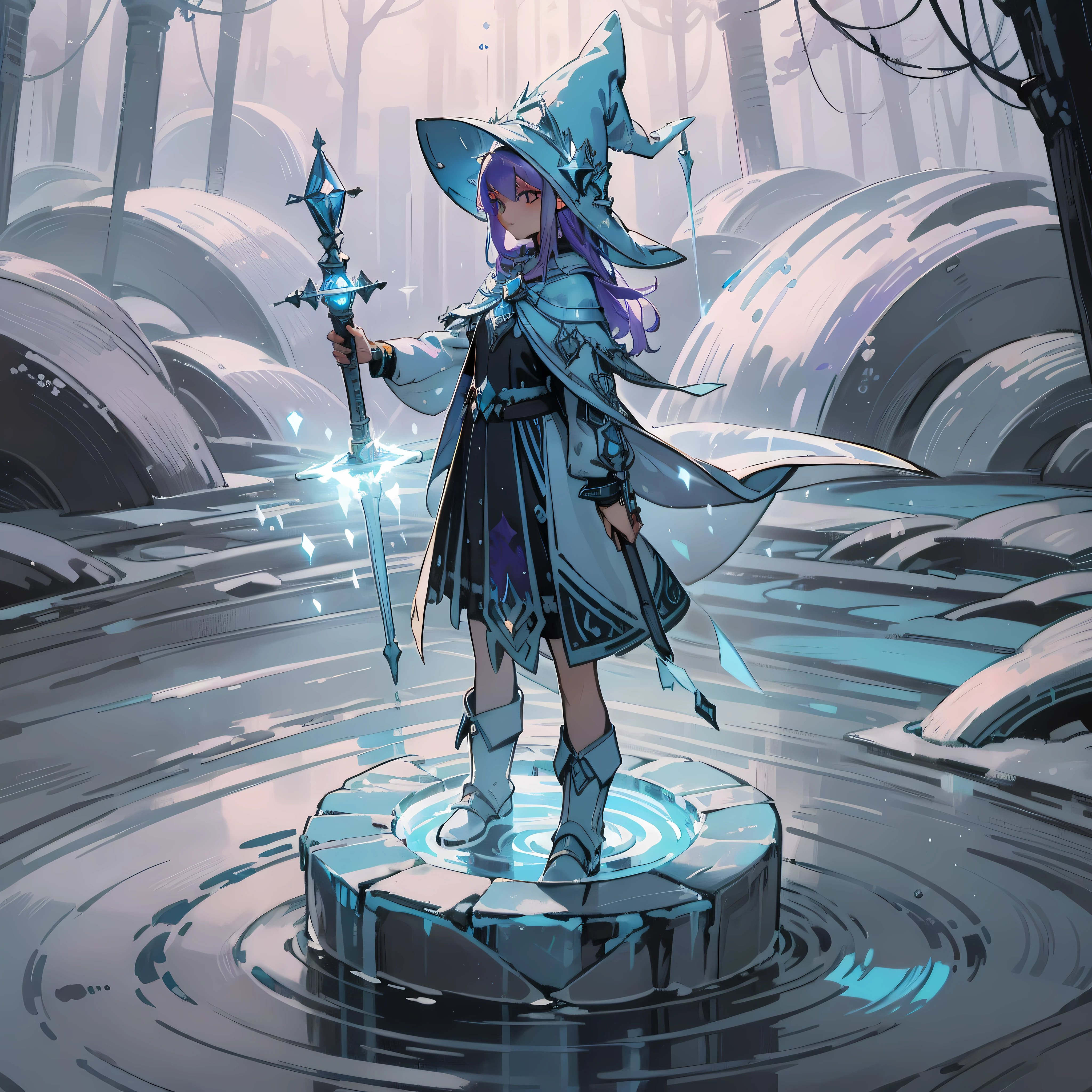 Ice Girl, Ice Flame, with a wizard hat that emits a faint blue-purple light, an ice pick suspended in her left hand, a cold ice staff in her right hand, cold tones, eyes closed, magic array under her feet, water ripples, spinning, (on the back), (elves on the ground: 1.331), wind, outdoors, sunlight, a round of cold ice sparkling behind the back, double eyelids, convex nose bridge, small mouth, (high cold expression), comics, ray tracing, detail, 4K, HD, high quality
