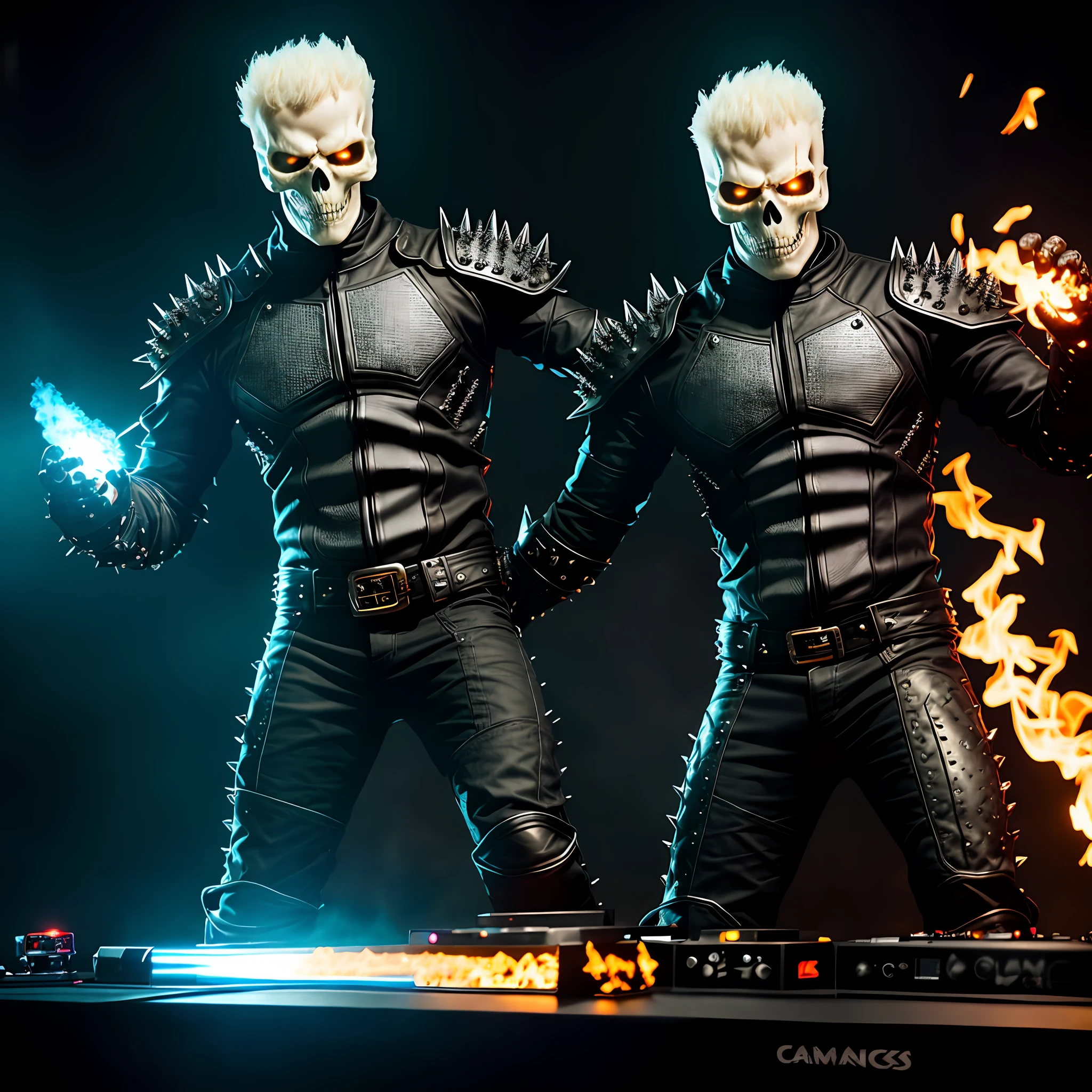 Create a ghost rider, with the black costume and with iron spikes on the shoulders, with raised arms, full body photo, realistic image, cinematic light, perfect hands, ghost rider dressed up, dj having a party in the lounge.    (insanely detailed:1.5), Canon EOS R3