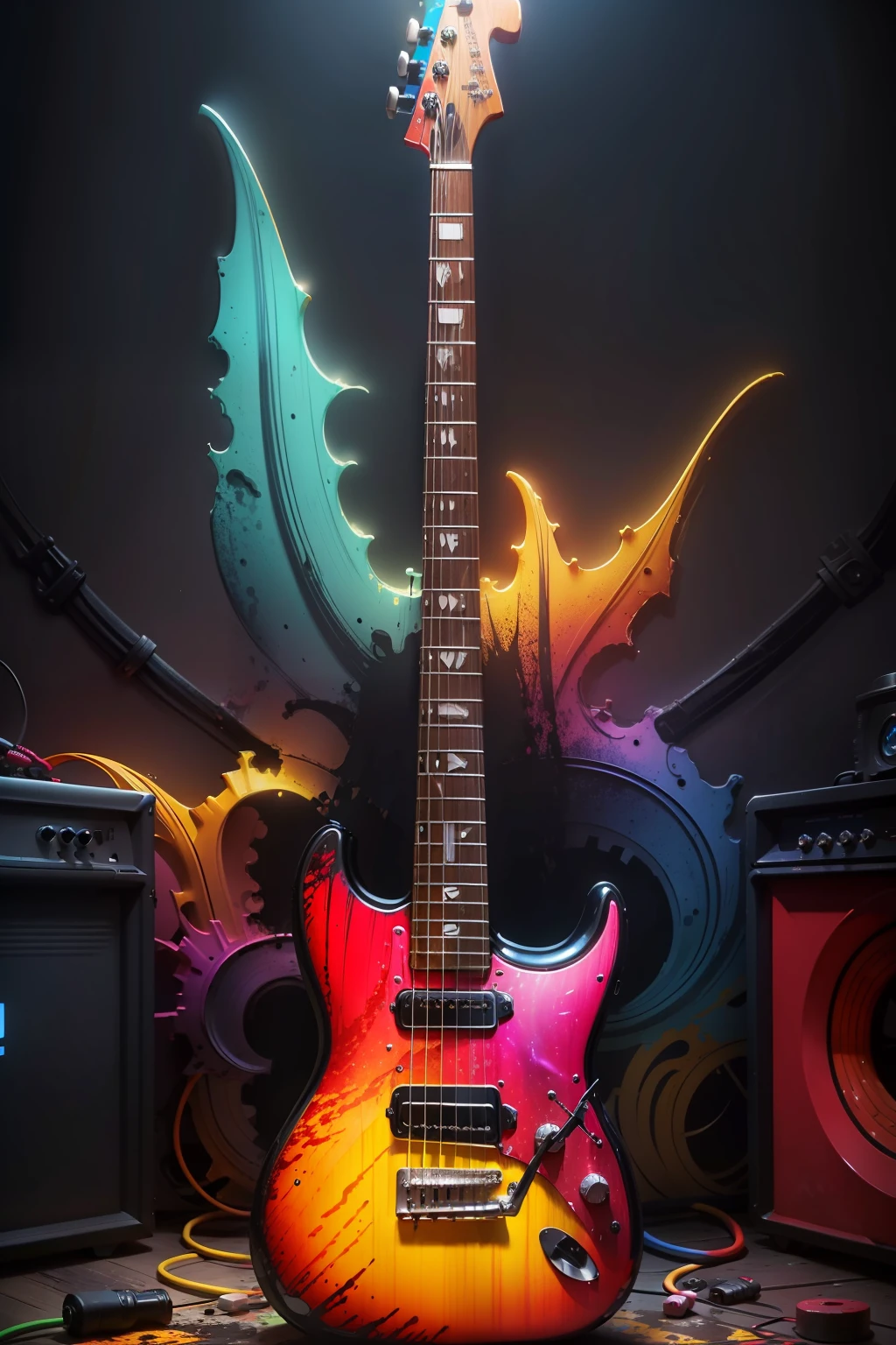Raw 16k Ultra HD Vivid Colors Masterpiece Ultra Resolution Cinematic Digital Art, A Colorful Guitar,Inside an Aquarium, Dirty With Ink, Spicy Colors, Spicy Colors, Vivid Colors, Cinematic Lights